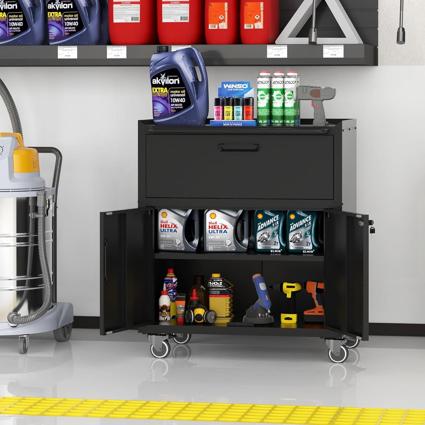 Metal Storage Cabinet with Wheels, Lockable Garage Cabinet with 2 Doors and 1 Drawer, Rolling Tool Storage, Assembly Required, Black