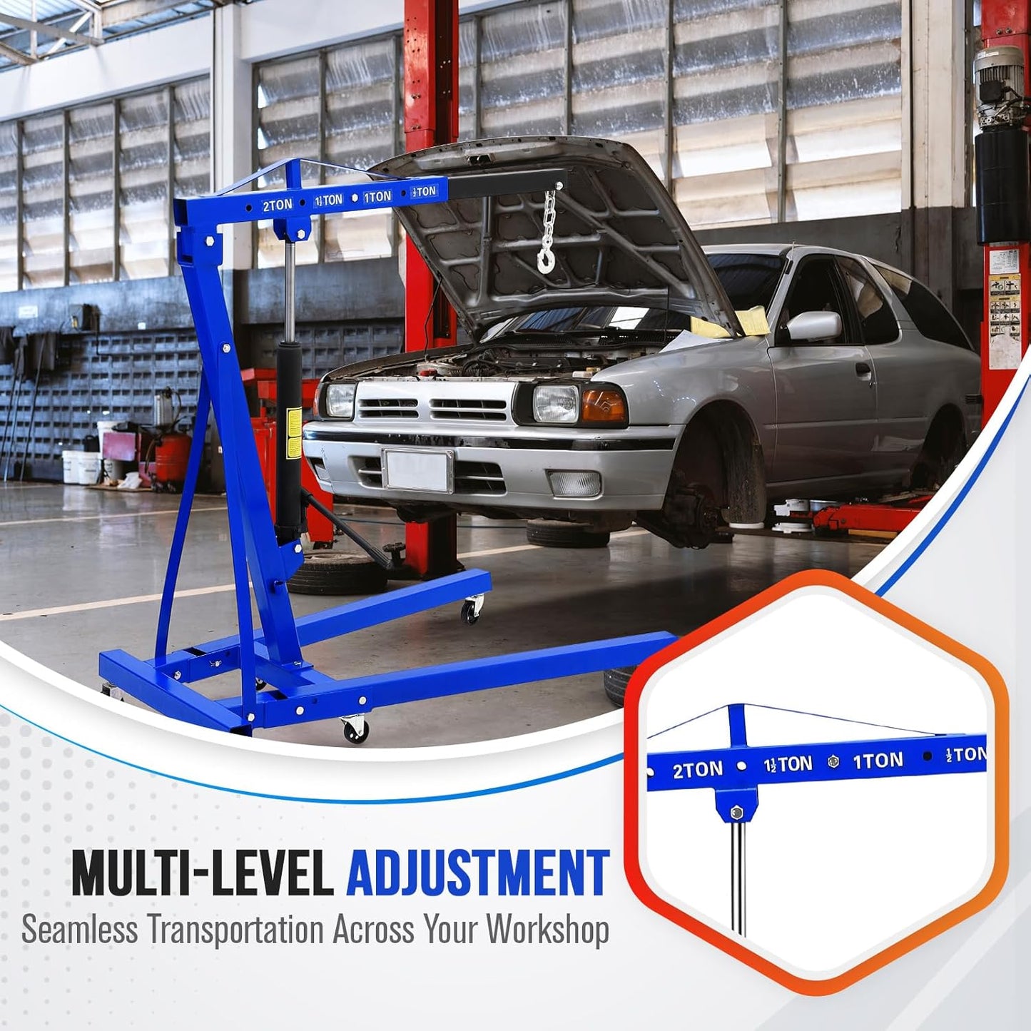 2 Ton Engine Hoist, Hydraulic Cherry Picker Engine Hoist Lift, 4400LBS Heavy Duty Crane Lifter with 6 Casters and Telescopic Boom, Foldable & Portable Design, for Garage, Workshop, Warehouse (Blue)