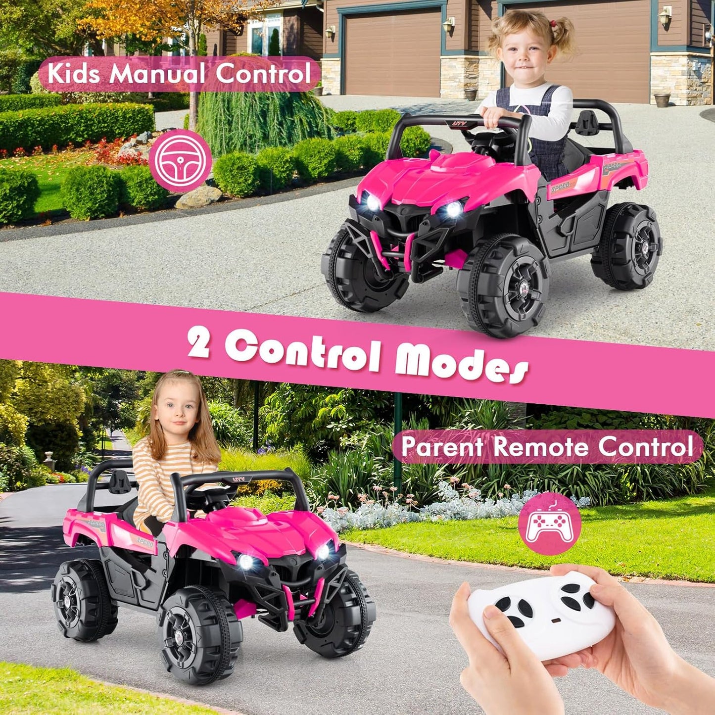 OLAKIDS 12V Ride on Car UTV, Battery Powered Off-Road Kids Electric Vehicles with Remote Control, Music, Horn, MP3, Lights, 3 Speeds, Soft Start, Ride on Truck for Boys Girls (Pink)