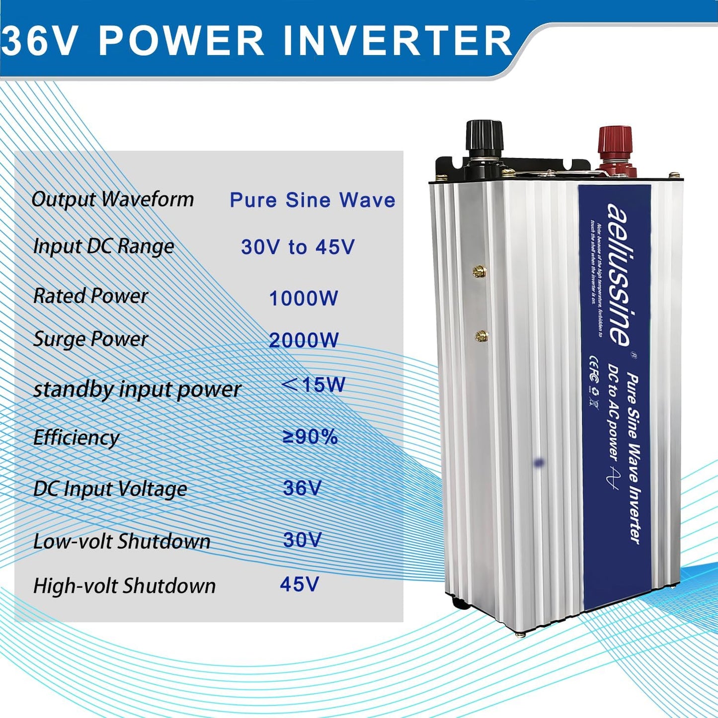1000W Pure Sine Wave Inverter-36V DC to 110V 120V AC Power Converter with 2 AC Outlets, 36 Volt Power Inverter for Home, Emergency Power