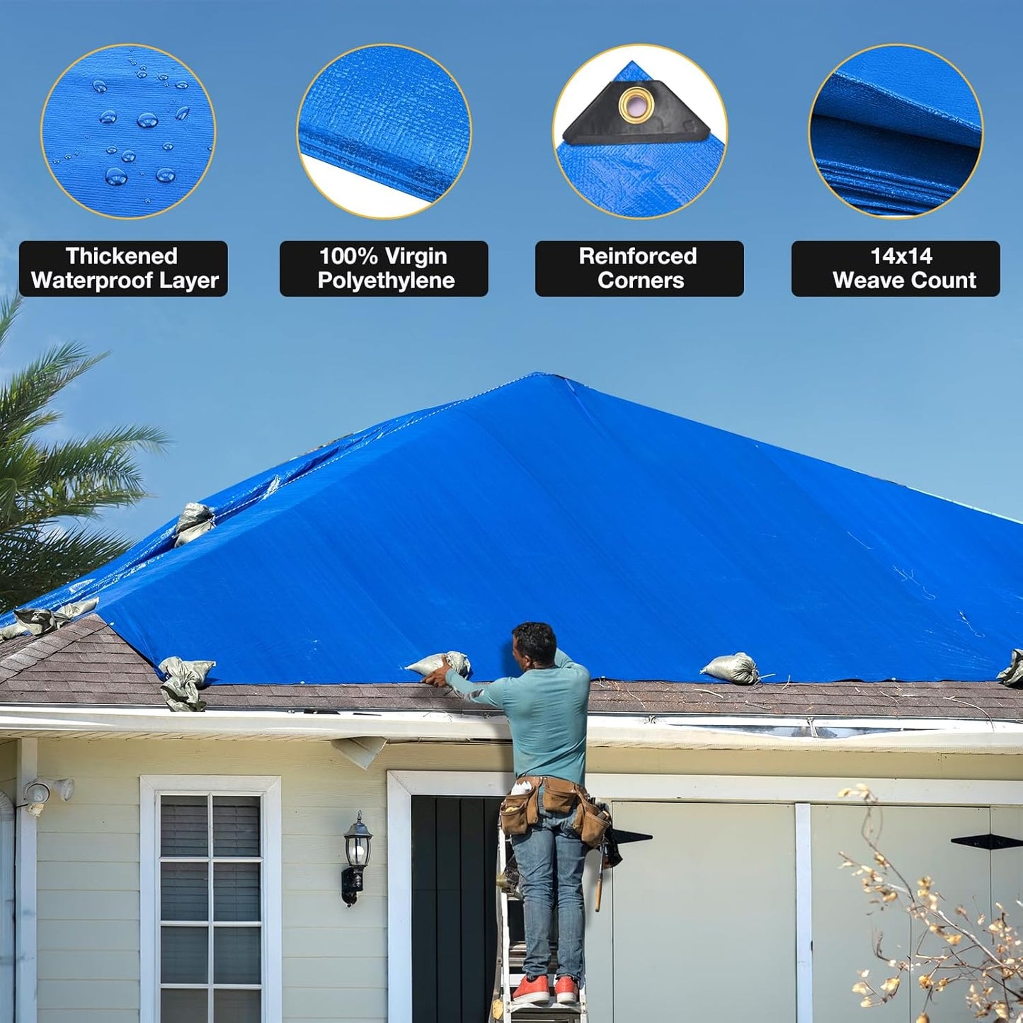 Tarp 16x20 Feet 14 Mil Heavy Duty Waterproof Tarp, Large Multipurpose Cover with Brass Grommets and Reinforced Edges, UV Resistant Thick Poly Tarps for Outdoor Camping Tent Pool Car, Blue
