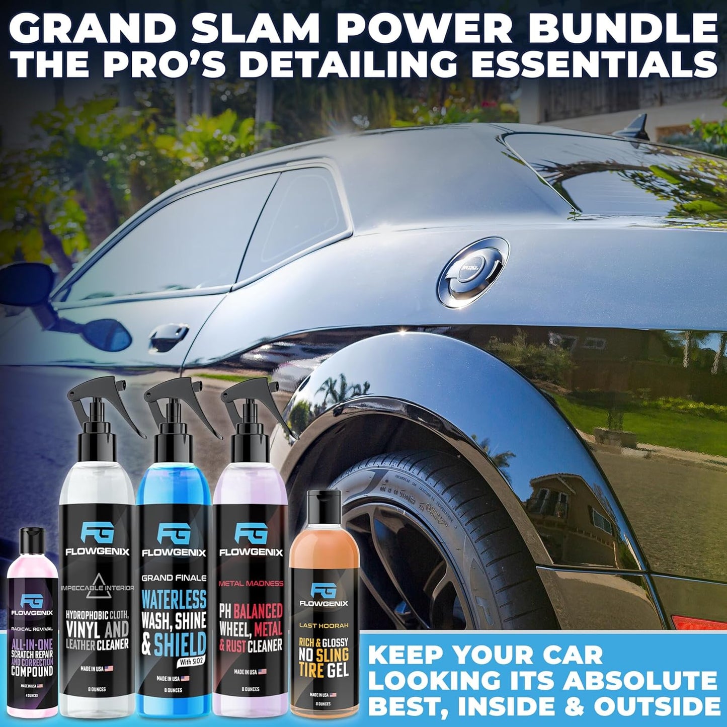 Grand Slam 5-Pack - Waterless Car Wash Detailing Spray, Tire Shine Gel, Scratch Remover, Wheel Metal Rust Cleaner, Interior Cleaner & Protector, 2 Microfiber Towels