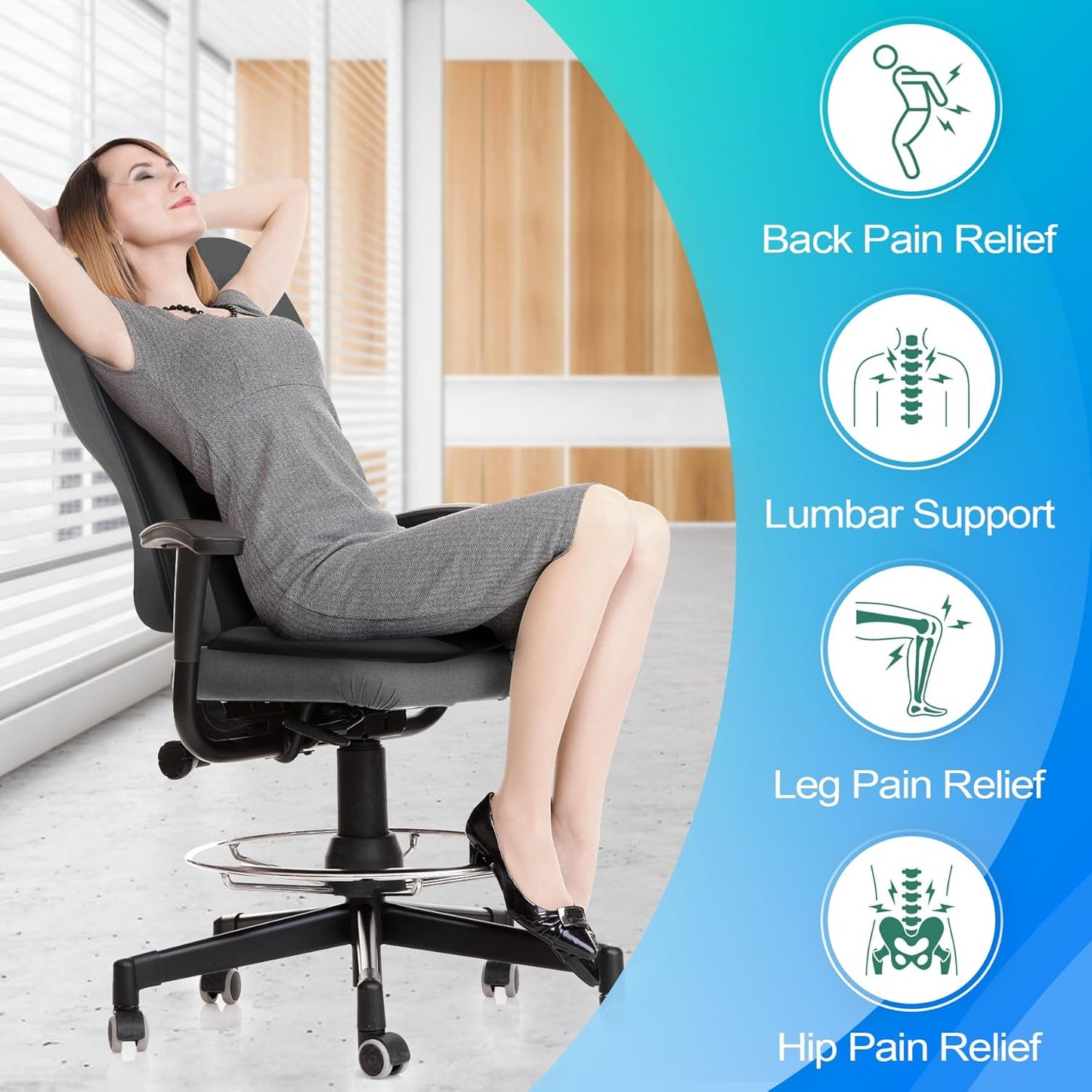 MYFAMIREA Car Seat Cushion and Lumbar Support Pillow 1.2'' Thick Memory Foam Desk Chair Cushion Back Support for Automotive Seat Driver, Travel, Leg and Back Pain Relief, Washable, Adjustable, Black