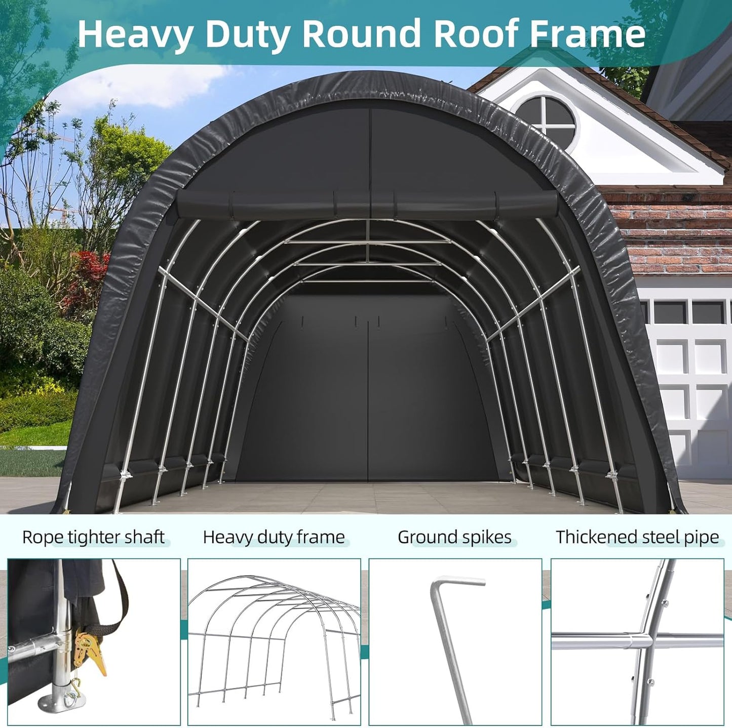 EROMMY Carport 13 x 20 FT Heavy Duty, Portable Garage with All-Steel Metal Frame and Round Style Roof, Anti-Snow Car Canopy Outdoor Storage Shelter for Car, Truck, Boat