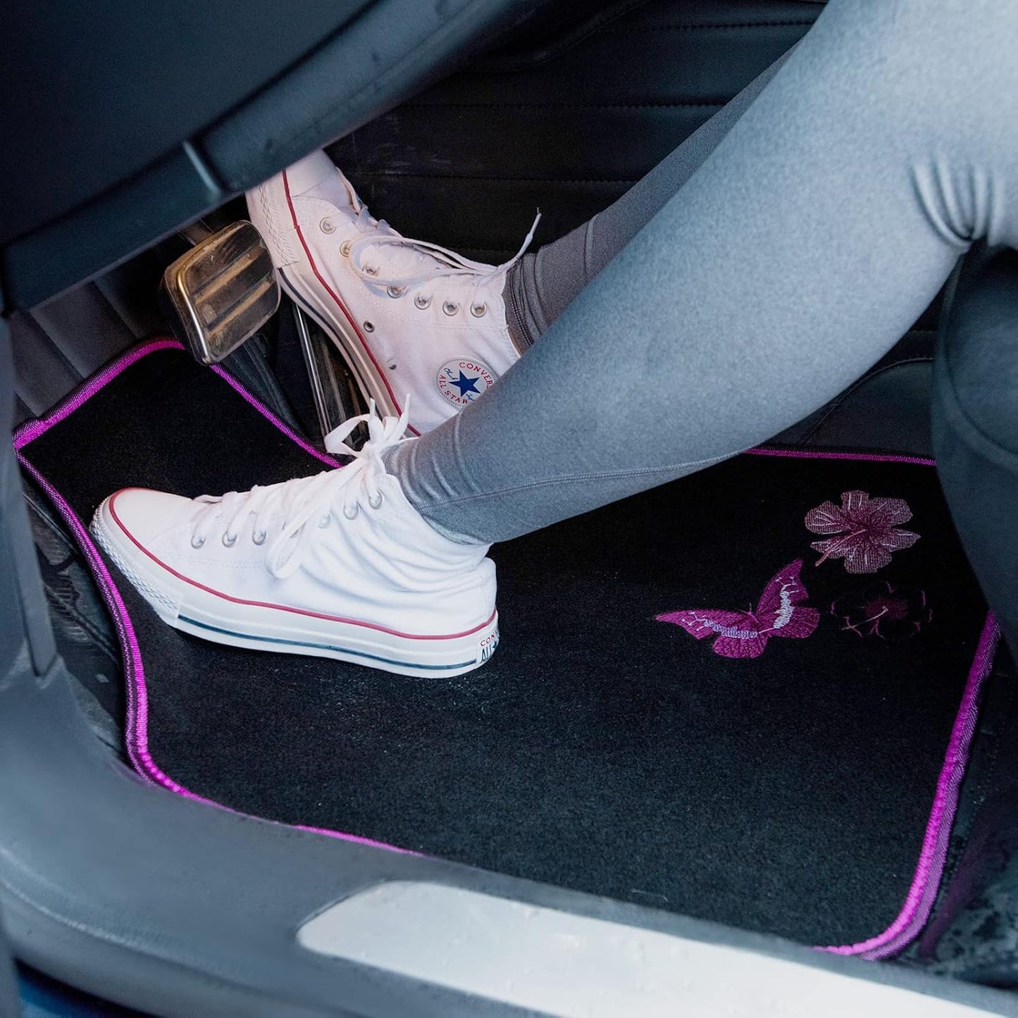 CAR PASS Embroidery Butterfly and Flower Car Floor Mats, Pink Car Floor Mats Universal Fit 95% Automotive,SUVS,Sedan,Vans,for Cute Women,Girly,Set of 4 (Black with Pink)