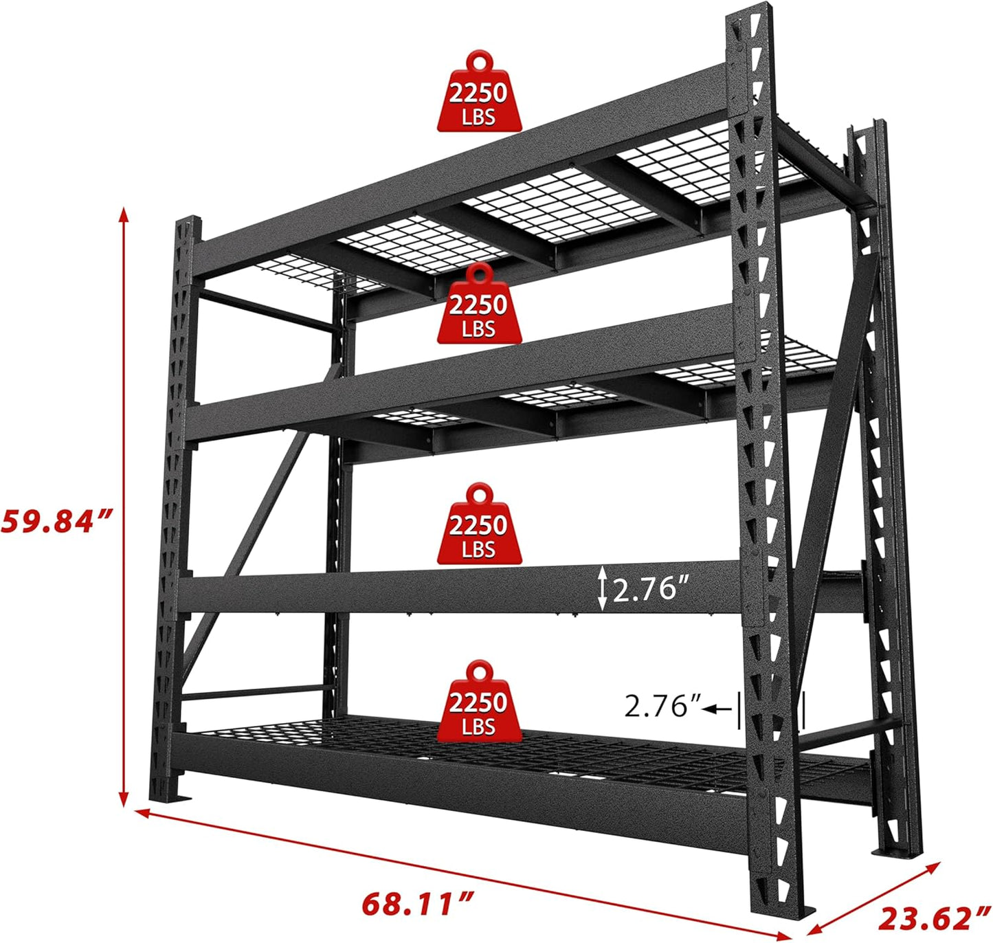 MUPATER 68.11” W × 23.62” D × 59.84” H Garage Shelving, 9000 LBS Heavy Duty Metal Storage Shelves, 4-Tier Adjustable Storage Rack for Basement, Warehouse, Industrial