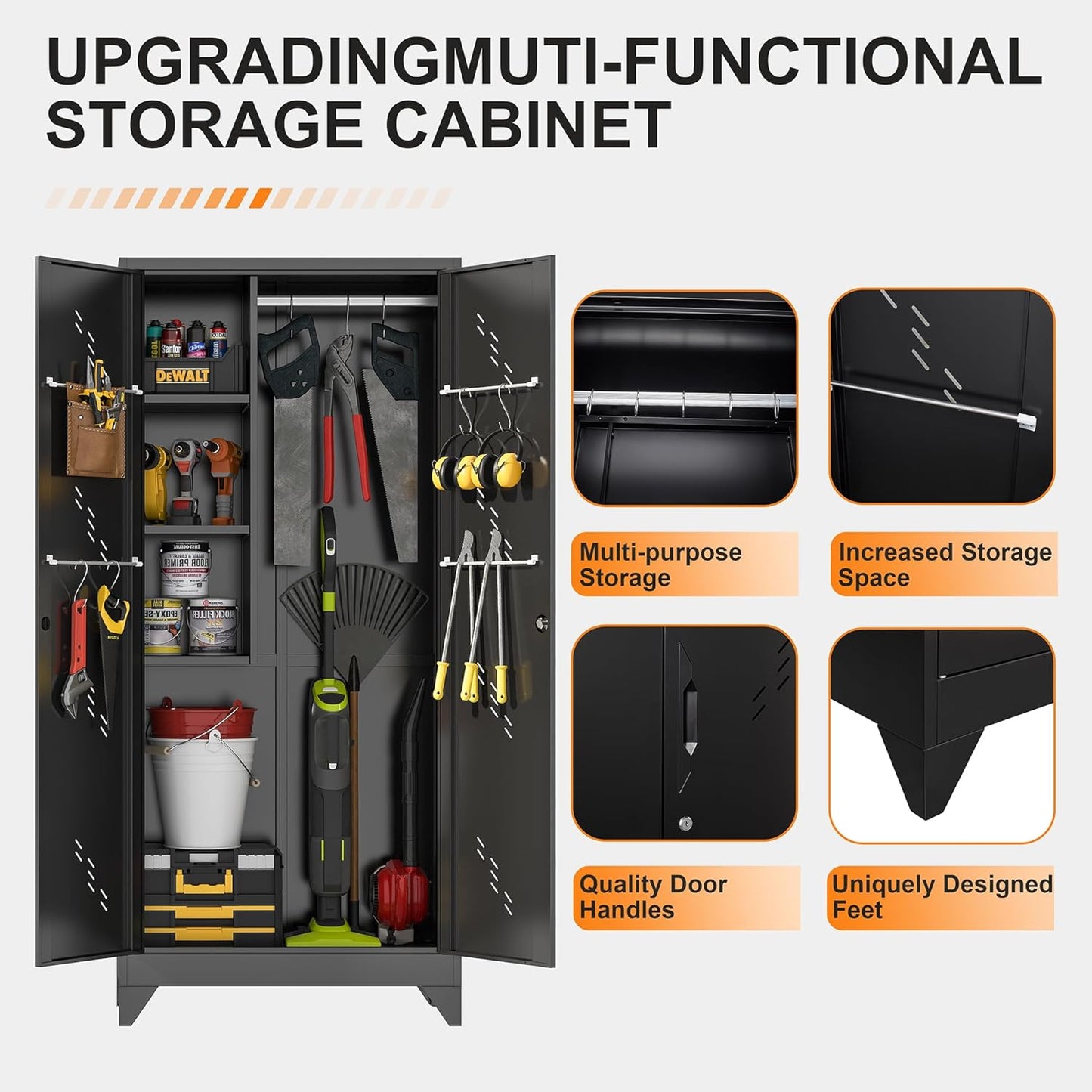 75" Metal Storage Cabinet, Tall Broom Cabinet, Garage Cabinets with Locking Doors, Black Outdoor Utility Broom Closet Storage Cabinets for Office, Bathroom, Warehouses