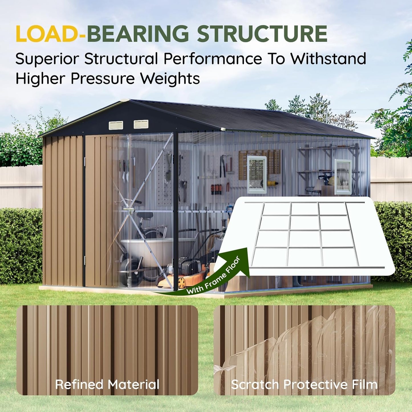 Breezz Outdoor Storage Shed 10 x 10ft. Utility Tool Shed Metal Storage Garden Shed with Lockable Doors, Windows & Metal Frame Floor for Patio Storage,Brown