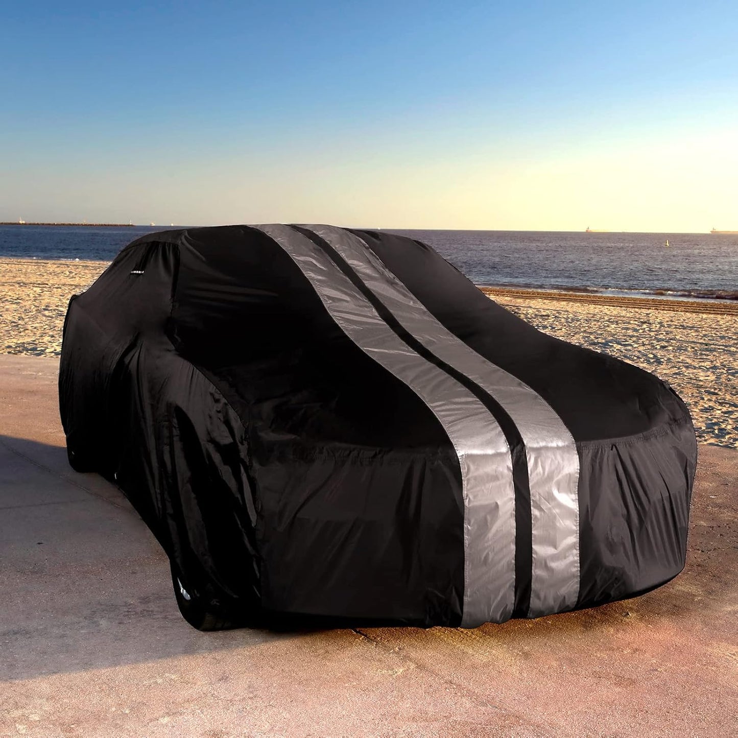 iCarCover Custom Car Cover for 1979-2004 Ford Mustang Waterproof All Weather Rain Snow UV Sun Protector Full Exterior Indoor Outdoor Car Cover (Stripe - Black/Gray)