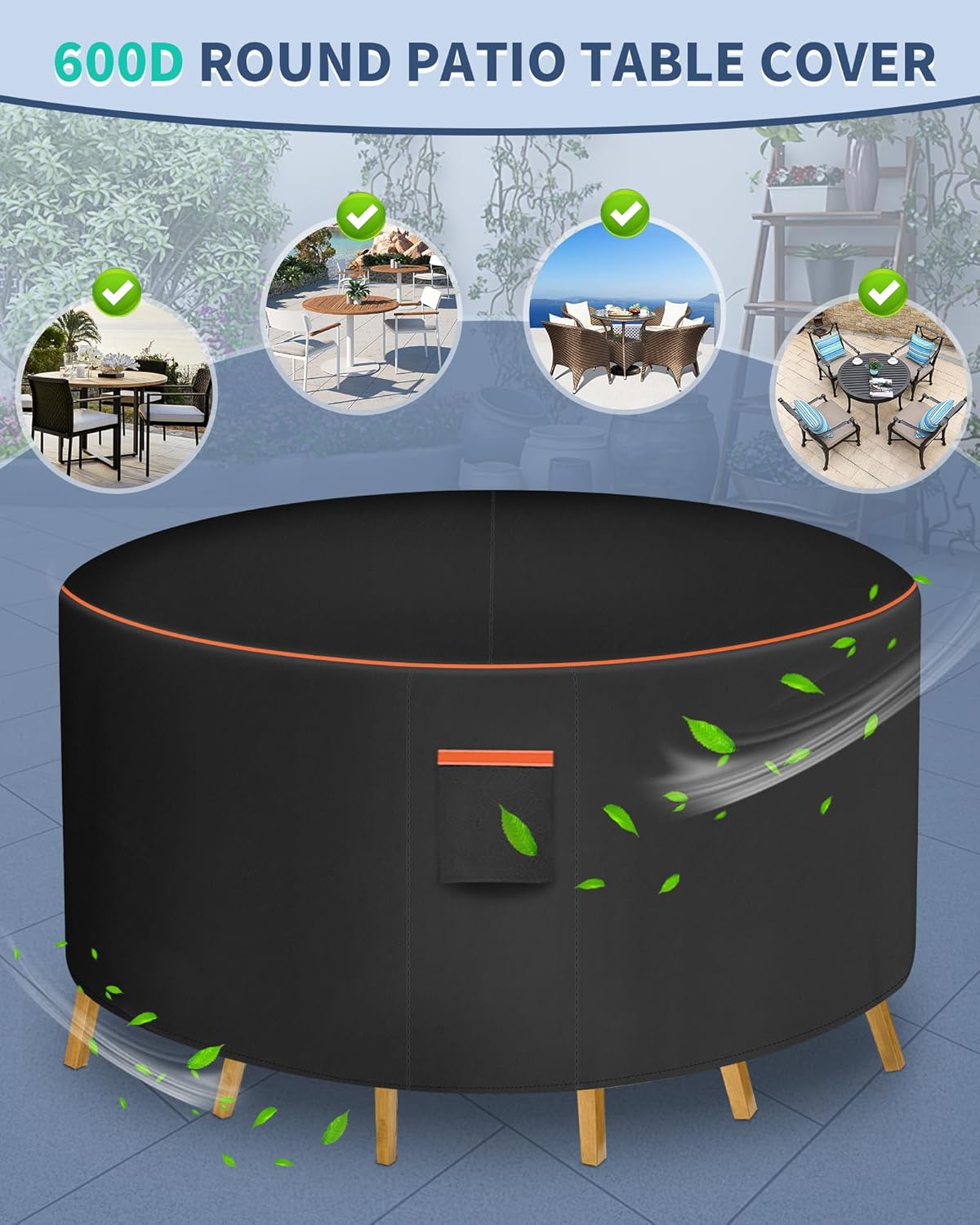 Round Patio Furniture Cover, 96 Inch Diameter Waterproof 600D Heavy Duty Table and Chair Set Protection Black