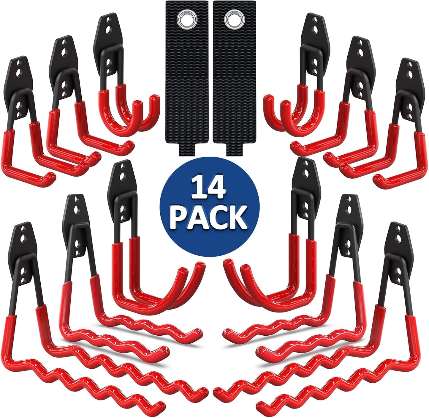 Garage Hooks 14PC,Shed Organizer with 1 Extra Round Strengthen Welding Spot,Garage Hooks for Hanging & Organizing Shovel,Rake,Chair,Hose(red)