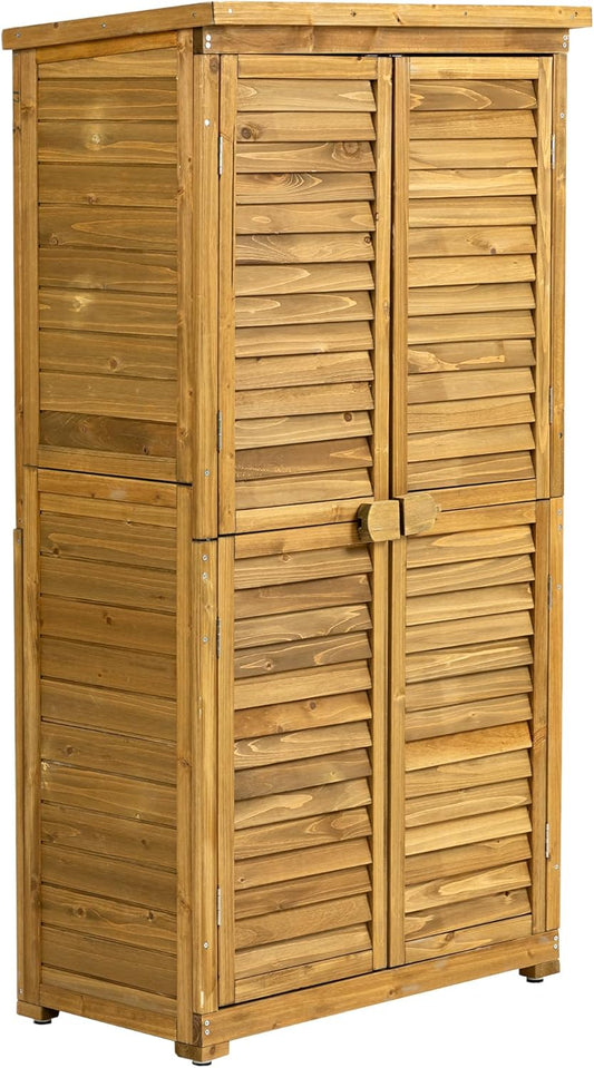 63 "H x 34.25 "L x 18.5 "W Vertical Garden Shed for Patio,Outdoor Wooden Storage Cabinet with Waterproof Roof, 2 Removable Shelves, and Adjustable Feet, Yard, and Garage,Natural Wood