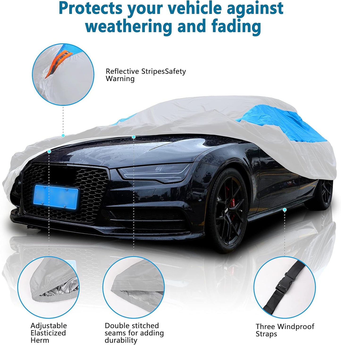 MORNYRAY Waterproof Car Cover All Weather Snowproof UV Protection Windproof Outdoor Full car Cover, Universal Fit for Sedan (Silvery, A4-Fit Sedan Length(186-193 inch)