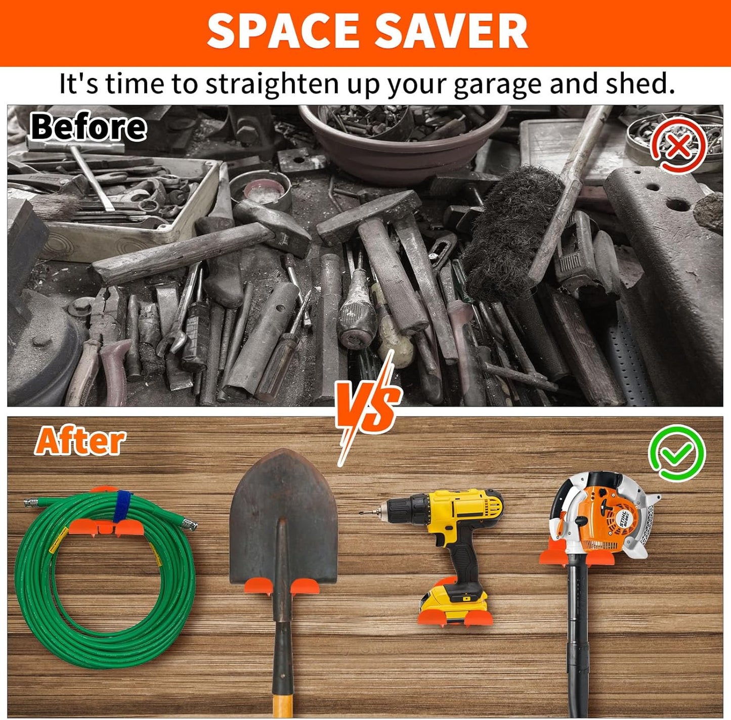 Upgraded Trimmer Rack Wall Mount - 8" Heavy Duty Weed Eater Hanger for Garage Wall Bracket, Garden Power Tool Holder Organizer Hooks for Grass Trimmer, Hedge Trimmer, Leaf Blower and Chainsaw, 1 Pack