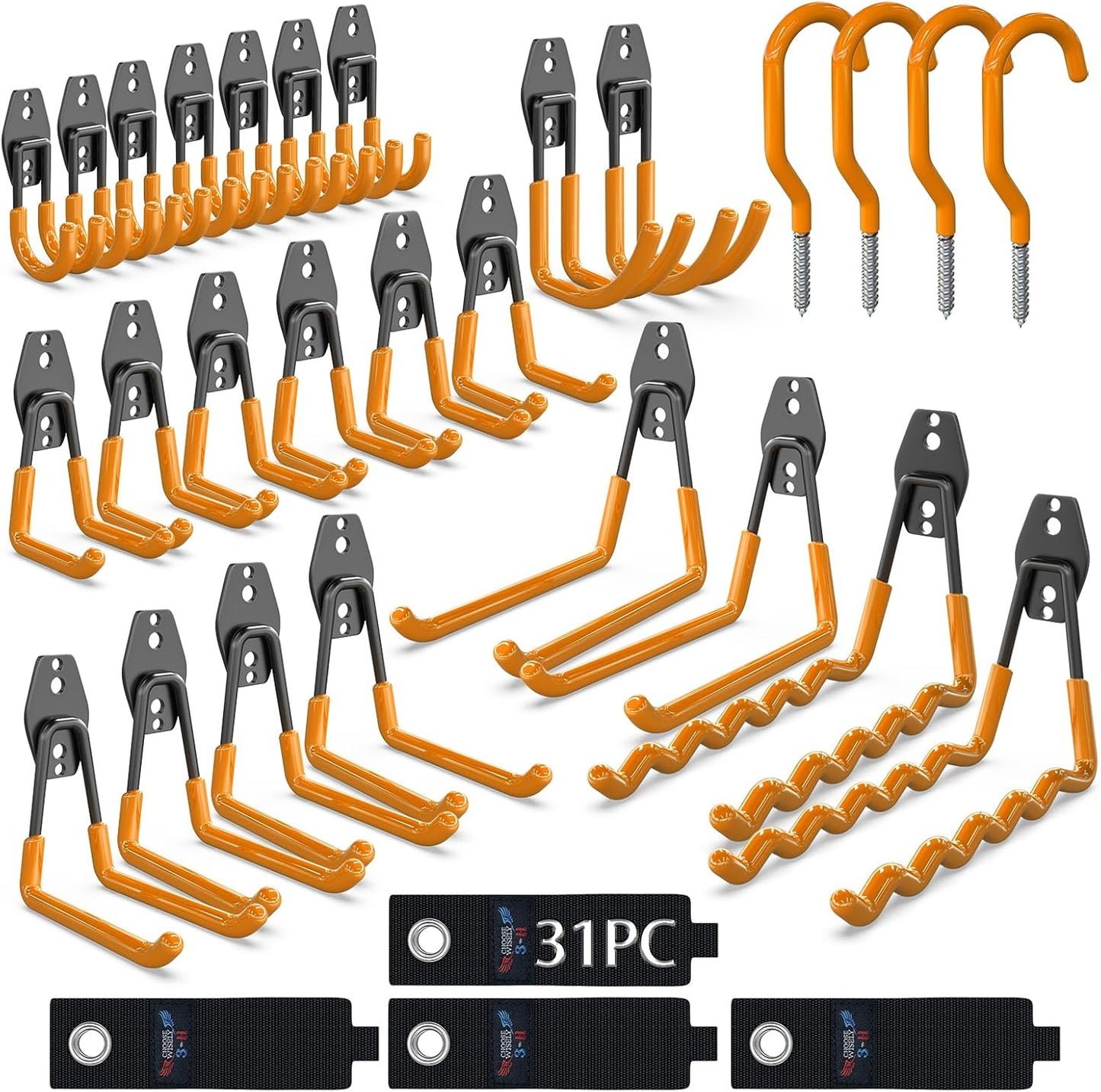 3-H Garage Wall Hooks 31 Pack, Garage Hooks Heavy Duty with Extra Welding Spots, Garage Organizer for Garden, Lawn, Yard Tools, Chairs, Ladders, Weed Eater, Shovel, Blower(Oranger)