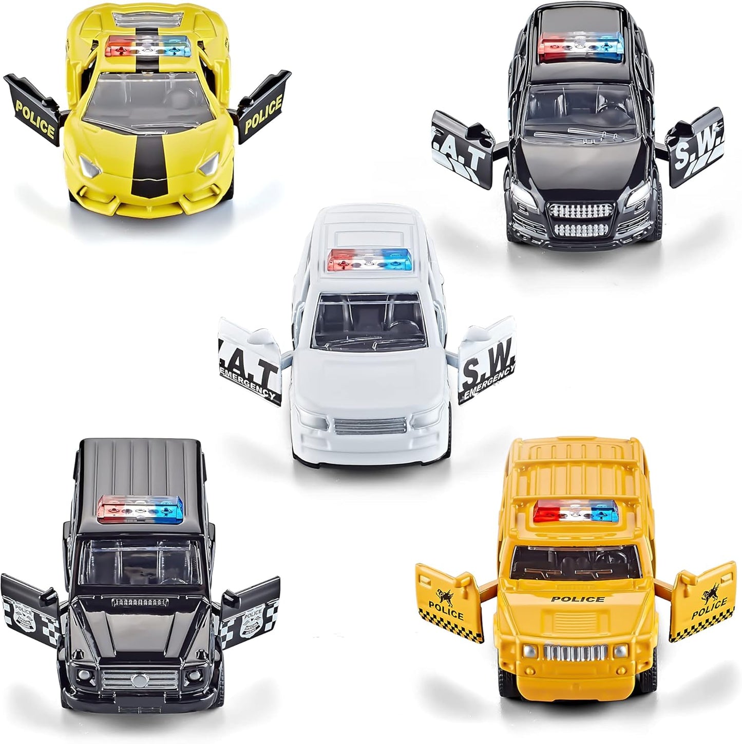 KIDAMI Die Cast Metal Little Toy Cars Set of 5, Openable Doors Pull Back Car Gift Pack for Kids (Police car)