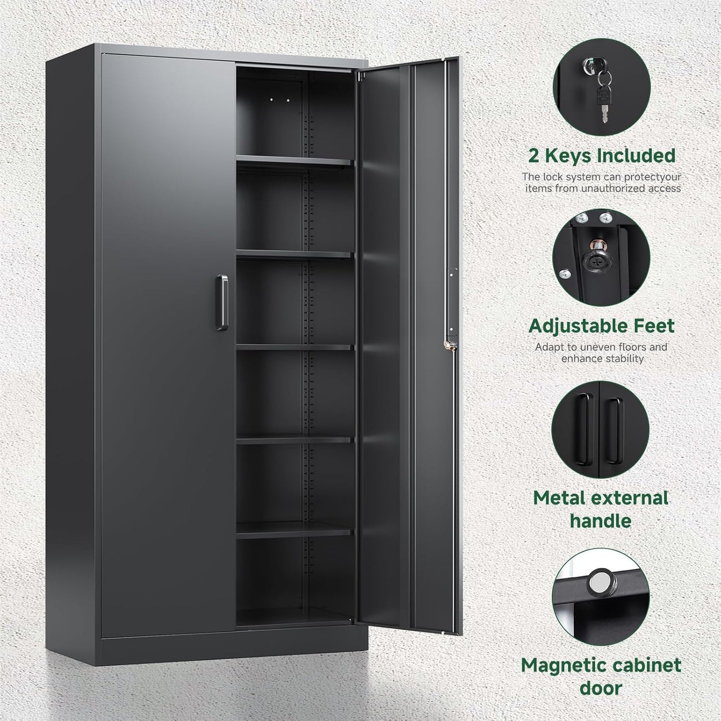 Letaya Metal Storage Cabinets with Lock Doors,Tall Locker Organizer Steel Garage Cabinets, 5 Adjustable Layers Shelves for Home, Office, Warehouse,Tool,Industrial(Black)