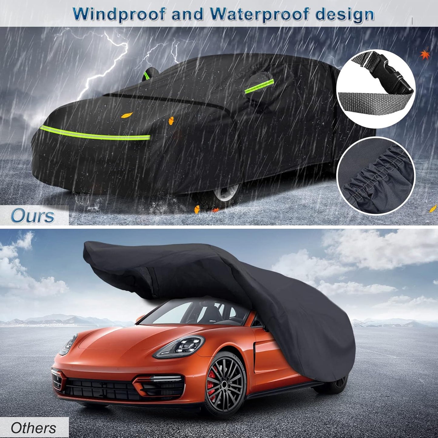 Outdoor Car Cover for Porsche Panamera 2014-2025 Waterproof All Weather Heavy Duty Windproof Protection Full Car Covers with Zipper and Storage Bag