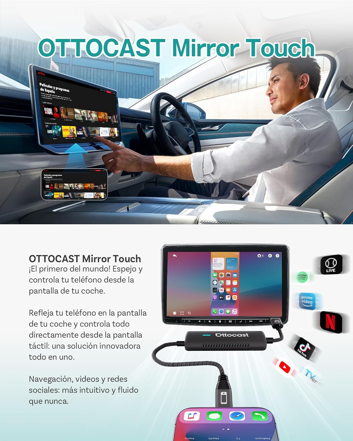 Ottocast Mirror Touch - Wireless CarPlay & Bi-Directional Phone Mirroring Adapter - Dual Mode, Plug & Play Upgrade for Factory Wired Cars (2016+)