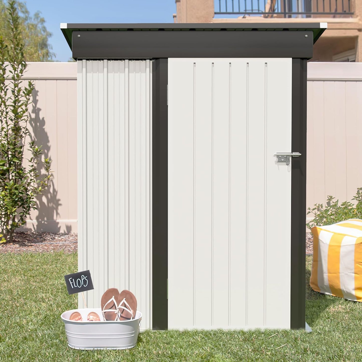 JUMMICO Metal Outdoor Storage Shed 5 x 3 FT Metal Shed with Lockable Door,Waterproof Garden Tool Shed Storage House for Backyard Patio Lawn,White