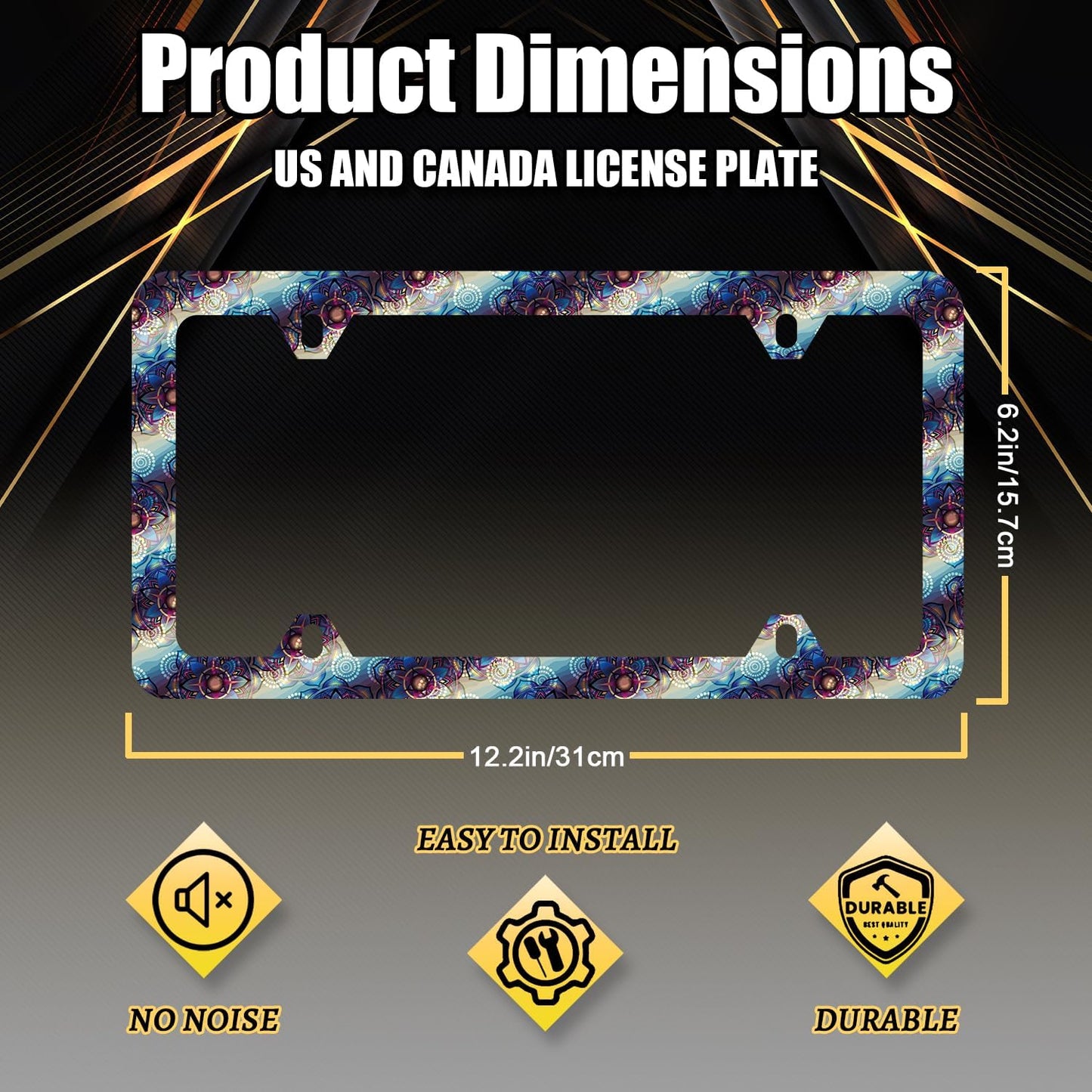 Blue Purple Mandala Flowers License Plate Frame Boho Floral License Plate Holder Colorful License Plate for Car Decoration Stainless Steel Car Accessory with Screws Men Women 12.3" x 6.3"