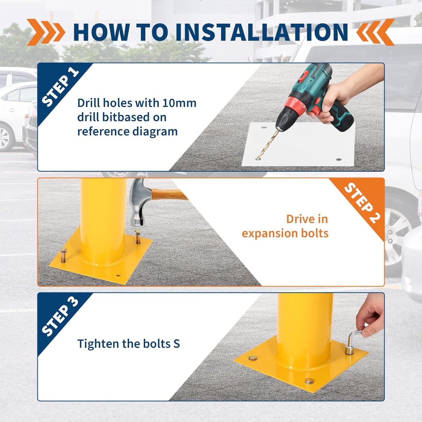4.5x36 Inch Safety Bollard Post - Yellow Steel Bollard with Anchor Bolts (6-Pack) for Parking Lots, Walkways & Traffic Areas