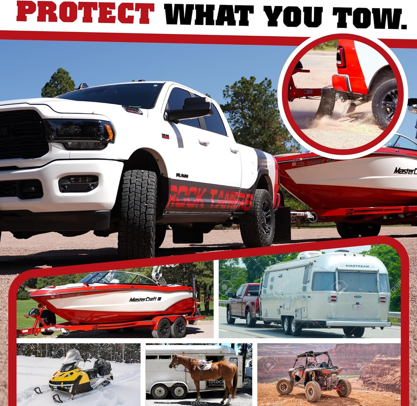 Rock Tamers 3" Official Mudflap System 00112 - 3" Hitch Receiver, Check Measurements - Hitch Mounted Mud Flaps to Protect What You Tow - Removeable and Adjustable - Black/Stainless Steel - 1 System