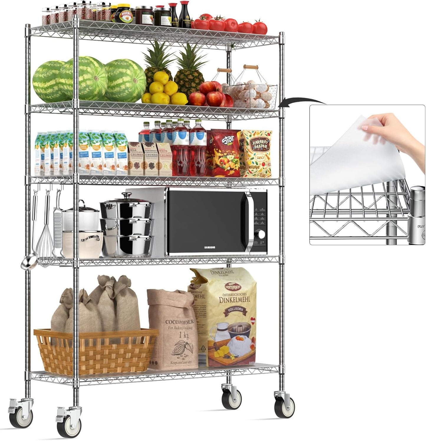 Wire Shelving with Wheels, 48x18x72 Inch, 3000 Lbs Storage Shelves Heavy Duty, Commercial-Grade Adjustable Utility Shelf, NSF-Certified Metal Storage Rack with Shelf Liners, 5-Tier, Chrome