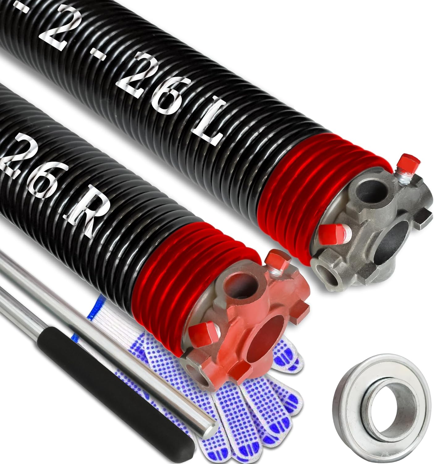 Garage Door Torsion Spring Set, Pair of 2" Electrophoresis Coated Garage Door Spring Replacement with 2 Non-Slip Winding Bars and Bearing, Minimum 16000 Cycles (.225x2x26")