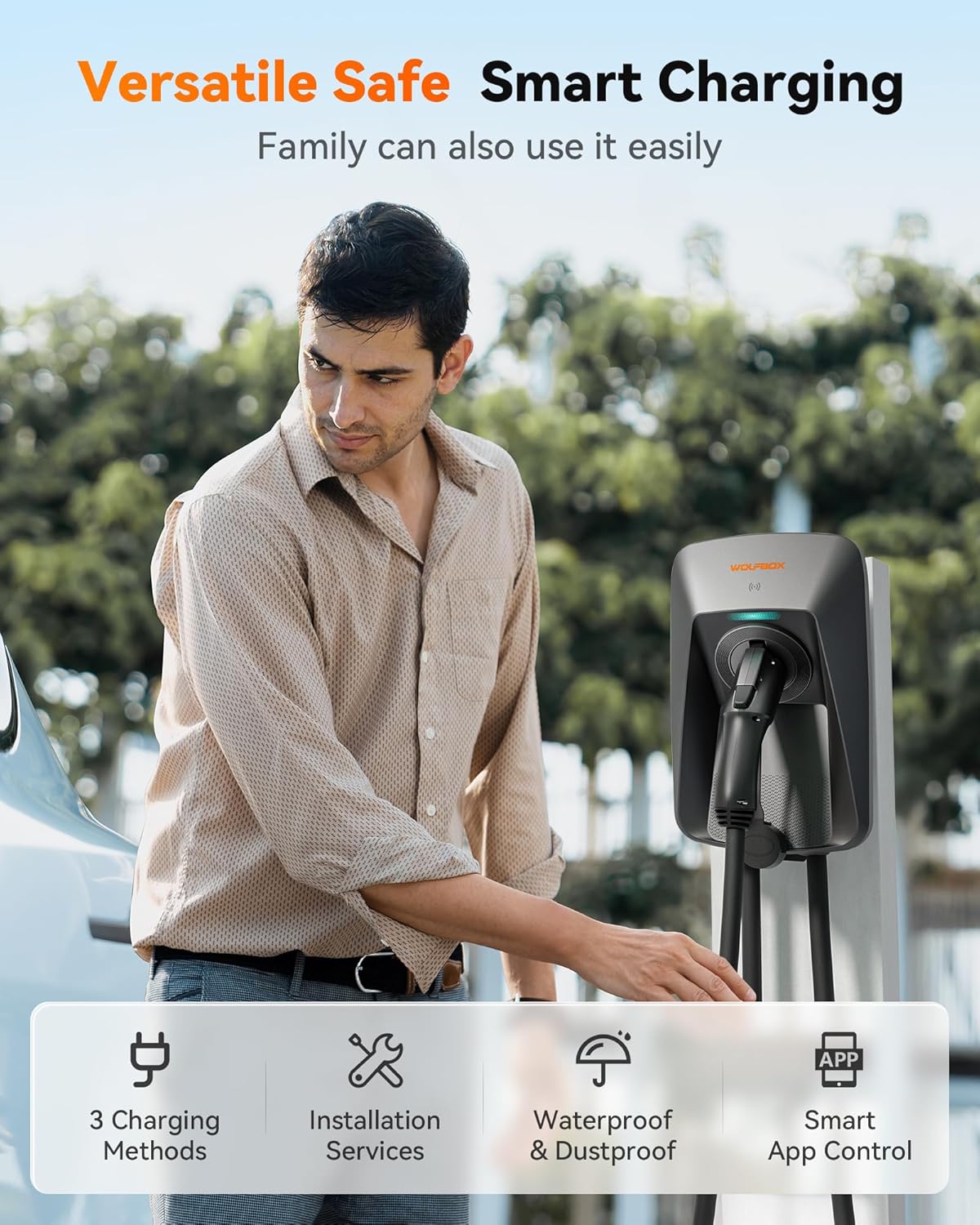 WOLFBOX Level 2 ev Charger 48 Amp J1772,Hardwired ev Charger Level 2 with NEMA 14-50 Plug 25ft Cable,Smart APP&RFID Card Control,240V Electric Vehicle Charging Station for Electric Automobile(WE48)