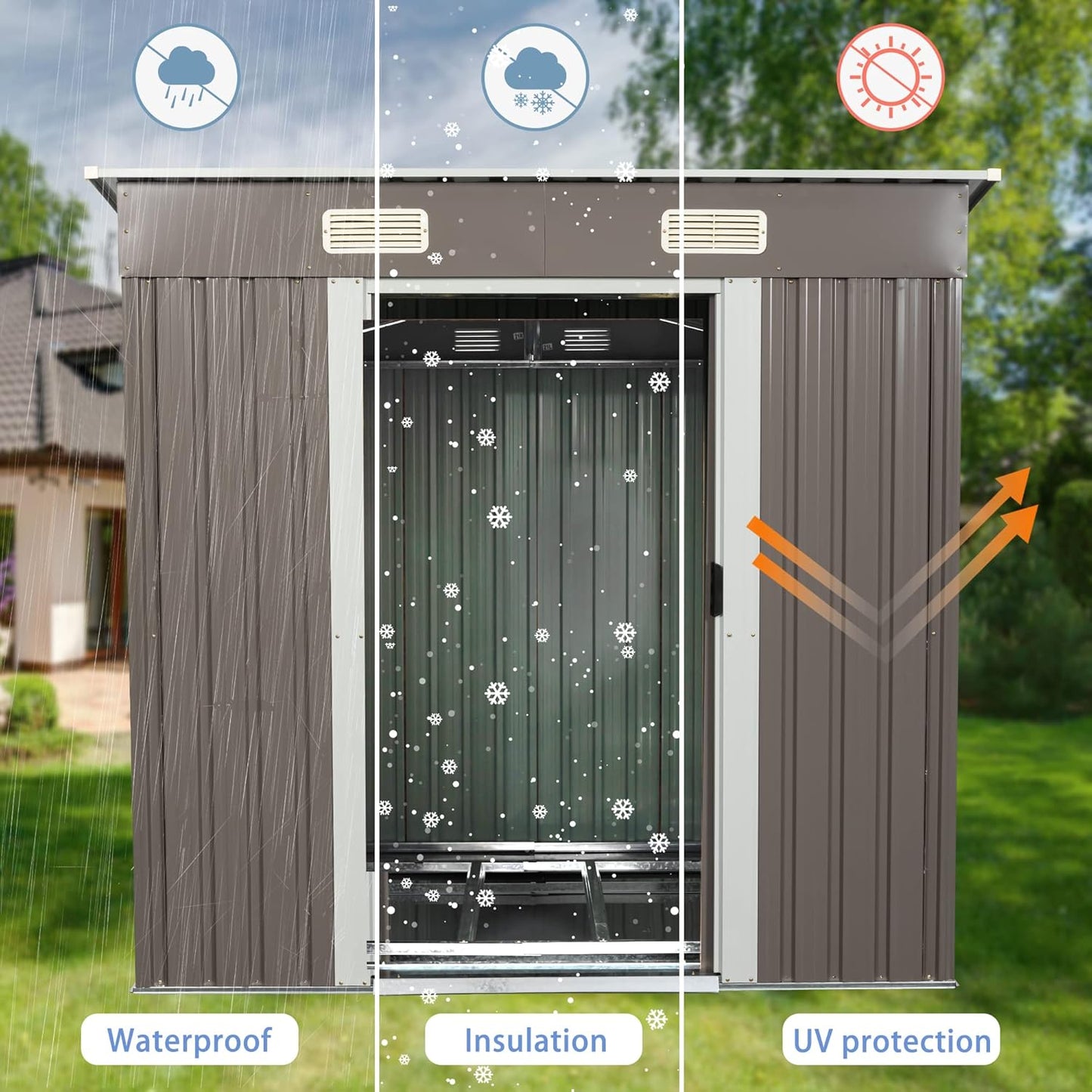 6 x 4 FT Outdoor Storage Shed,Metal Anti-Corrosion Utility Tool House with Punched Vents, w/Sliding Doors & Padlock,Waterproof Garden Sheds for Backyard Lawn Patio,Grey