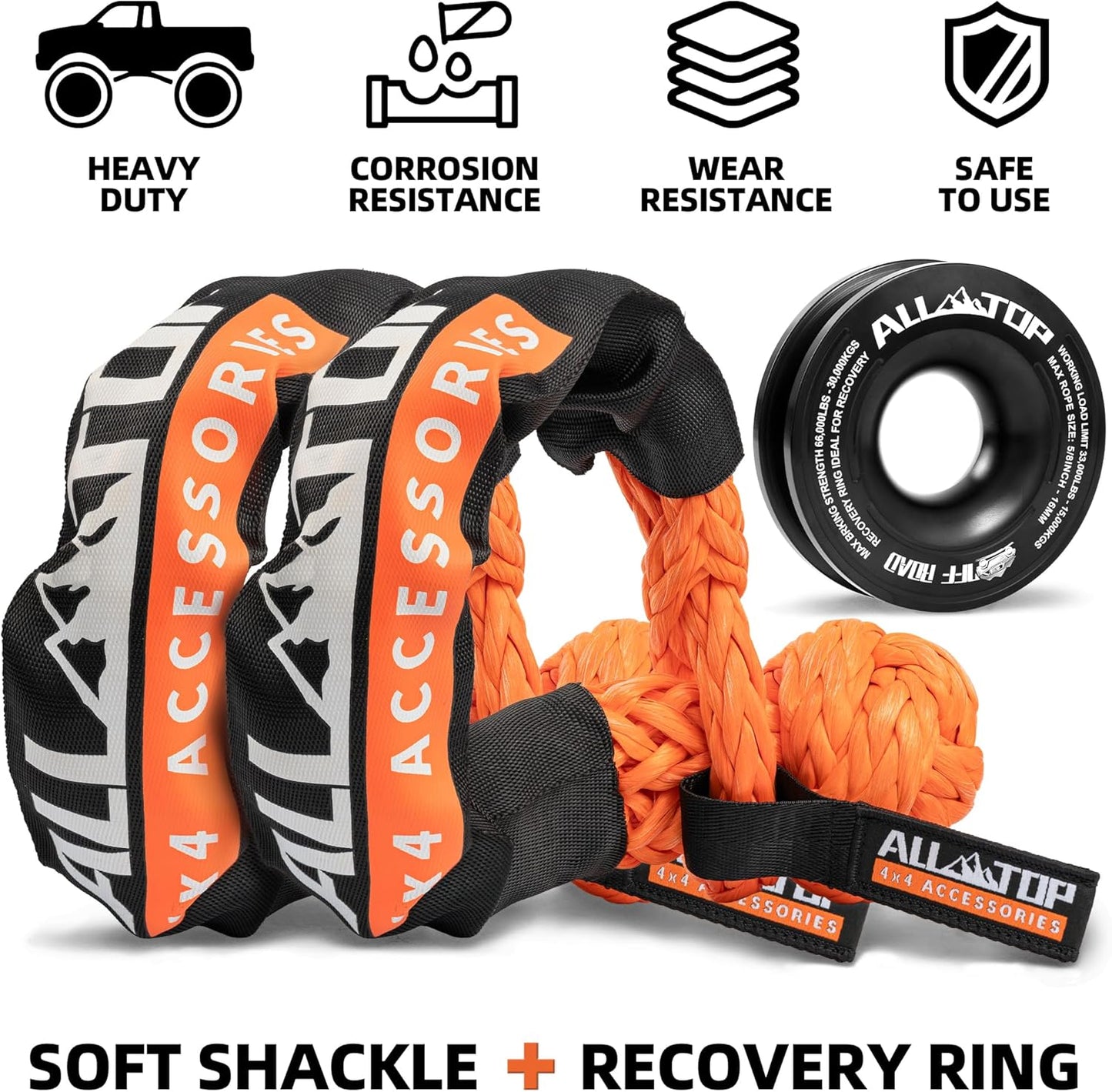 ALL-TOP Synthetic Soft Shackle & Recovery Ring Kit (2PCS 3/4in x 24in - 66200LBS Shackles + 1 Snatch Pulley Ring) for Winch Tackle Pulley System