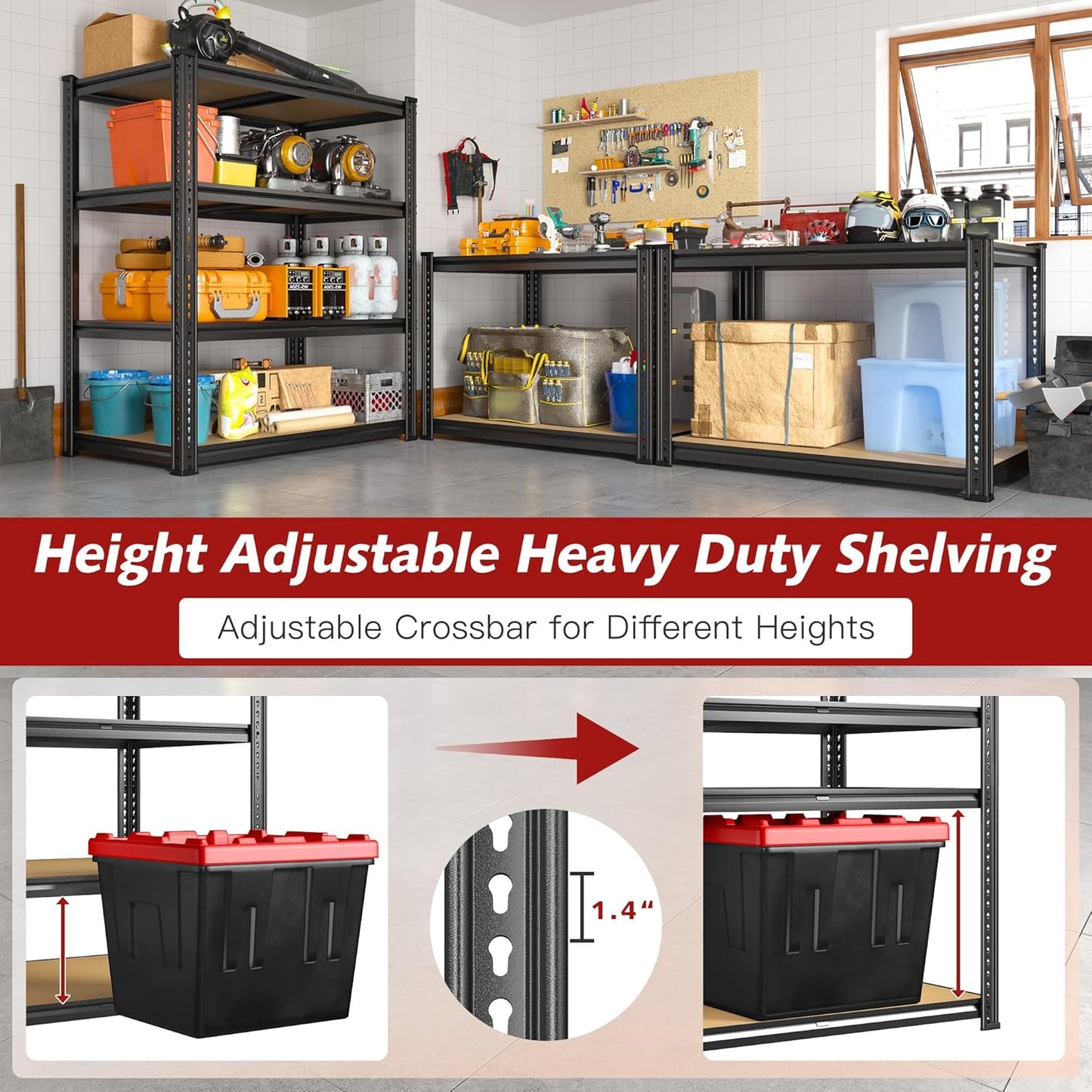 REIBII 60.05" H Storage Shelves 1840LBS Garage Shelving Heavy Duty Shelving 4 Tier Garage Shelves Adjustable Metal Shelf for Kitchen Basement Pantry Warehouse 35.45" W x 17.72" D x 60.05" H