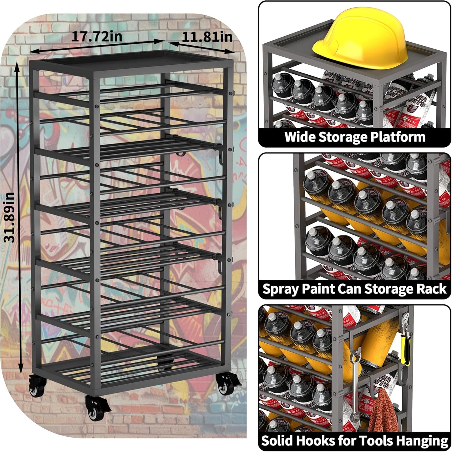 50 Can Spray Paint Rack Organizer, Metal Spray Paint Can Storage Holder, Rolling Aerosol Can Cart with Storage Shelf, for Garage, Craft Workrooms