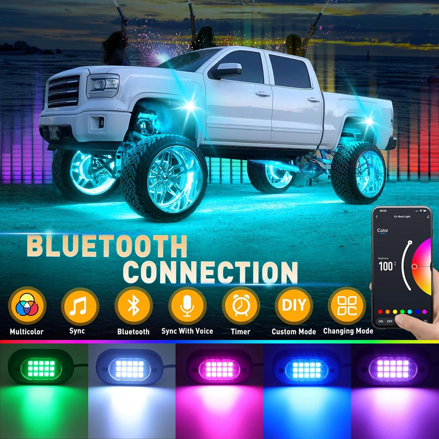 Honalia LED Rock Lights for Trucks 6 pods, RGB Truck Rock Lights with Bluetooth Control, Neon Light Kits for ATV UTV Golf Cart RZR