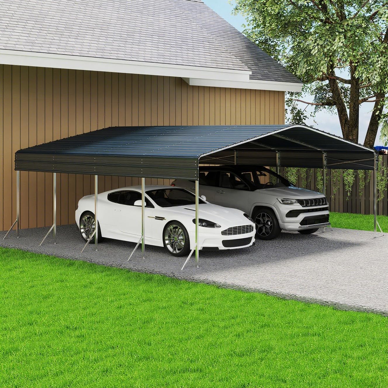 20x20ft Heavy Duty Metal Carport – Outdoor Galvanized Garage, Sturdy Structure, All-Weather Protection, Easy Assembly for Cars, Trucks, Boats, Tractors, and Outdoor Storage (Grey, 20x20FT)
