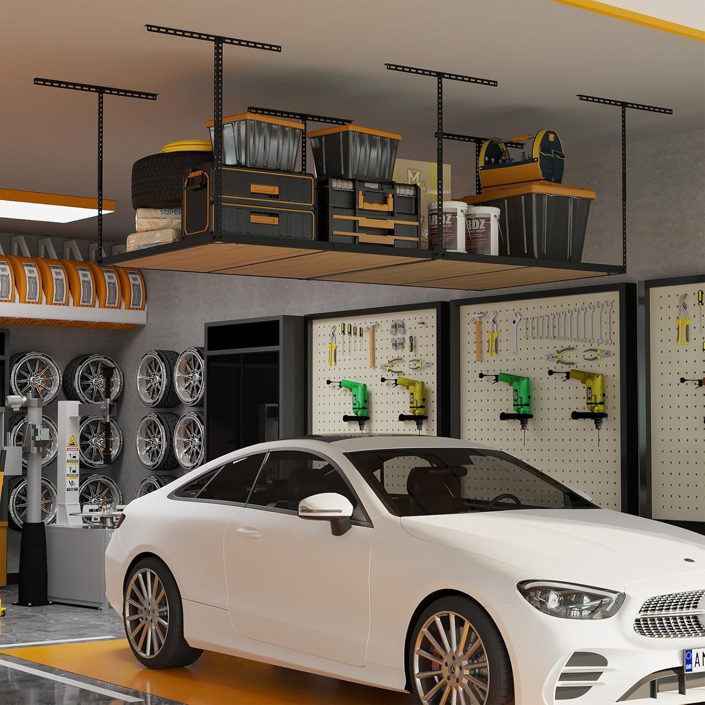 4x8ft Overhead Garage Storage Rack Wooden Decking Not Included, Heavy Duty Metal Rack, Adjustable Ceiling Dropdown, 600lbs Weight Capacity (Black)