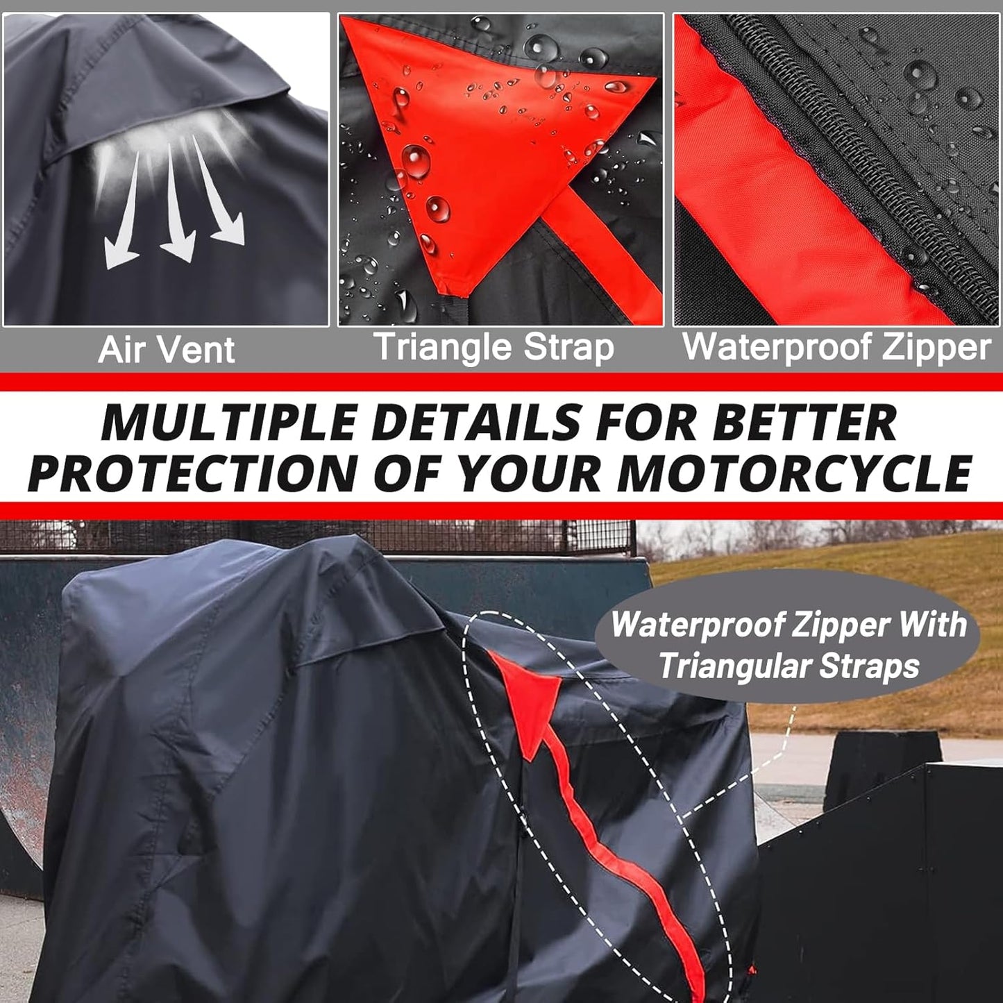 Motorcycle Cover,Waterproof Zipper Outdoor Cover for All Seasons Windproof, High Heat Resistance Dustproof and Rainproof Snowproof(Red Zipper XL Fits Up to 97 inch)