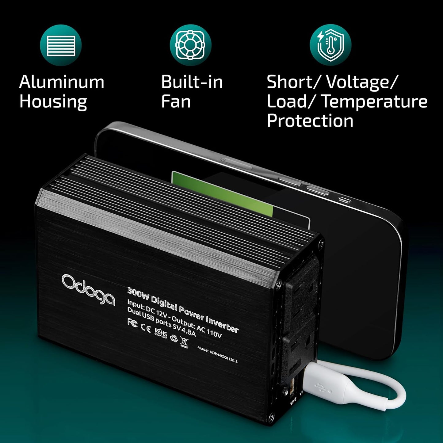 300W Car Power Inverter 12v DC to 110v AC – Car Adapter for Plug Outlet, DC to AC Converter, 4.8A Dual USB by Odoga