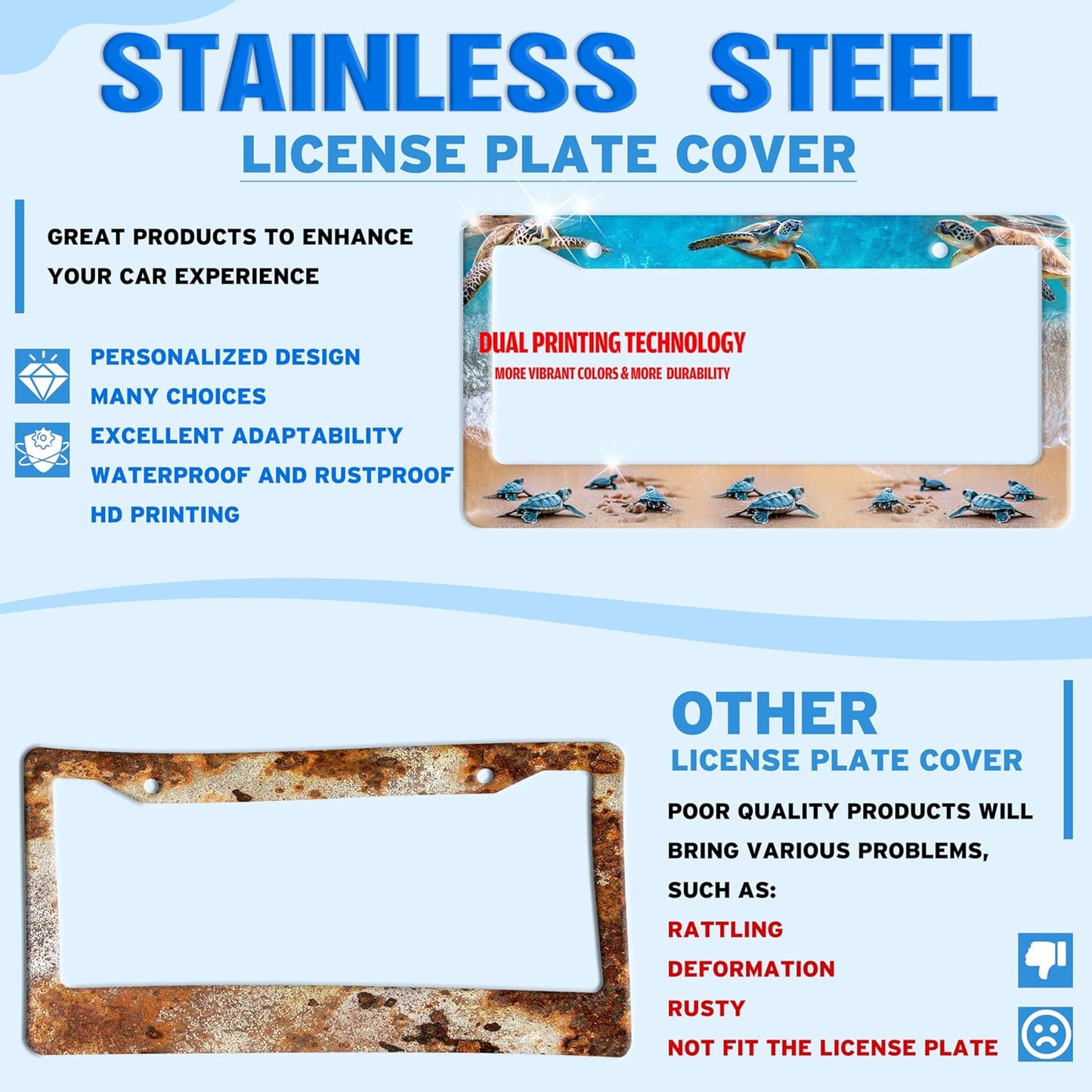 Sea Turtle License Plate Frame Seaside Beach Stainless Steel License Plate Holder for Front or Rear Car Tags Funny for Car Decoration Accessories with Screws 6.3 X 12.2 in for Women Men