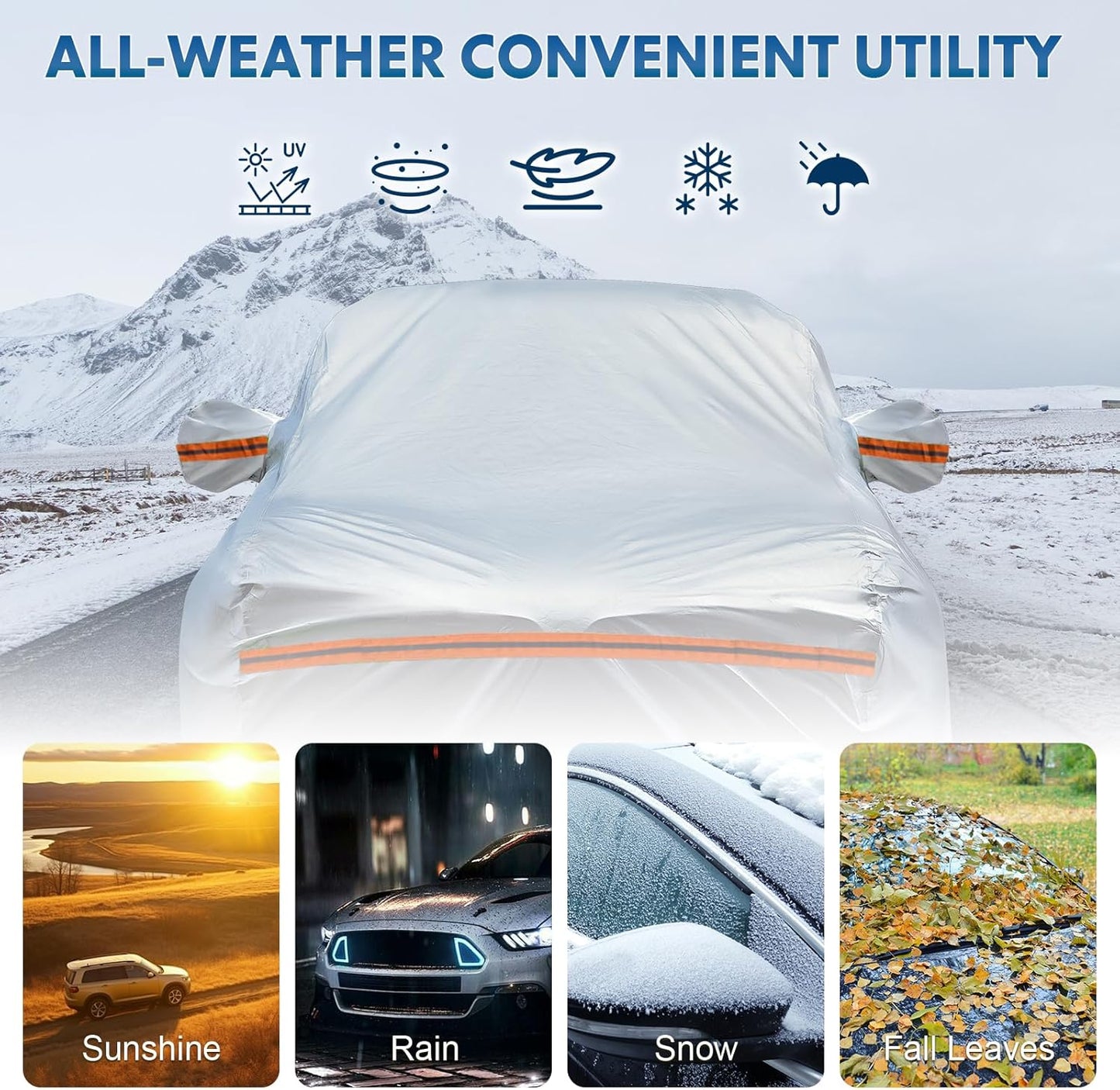 KEYOOG Fit for 188"-199" Length SUVs, 6-Layer Full Car Cover is All-Weather Waterproof, Universal in All Seasons, Snow Prevention, Rainproof, Acid Rainproof, Sunscreen, Orange Reflective Strip