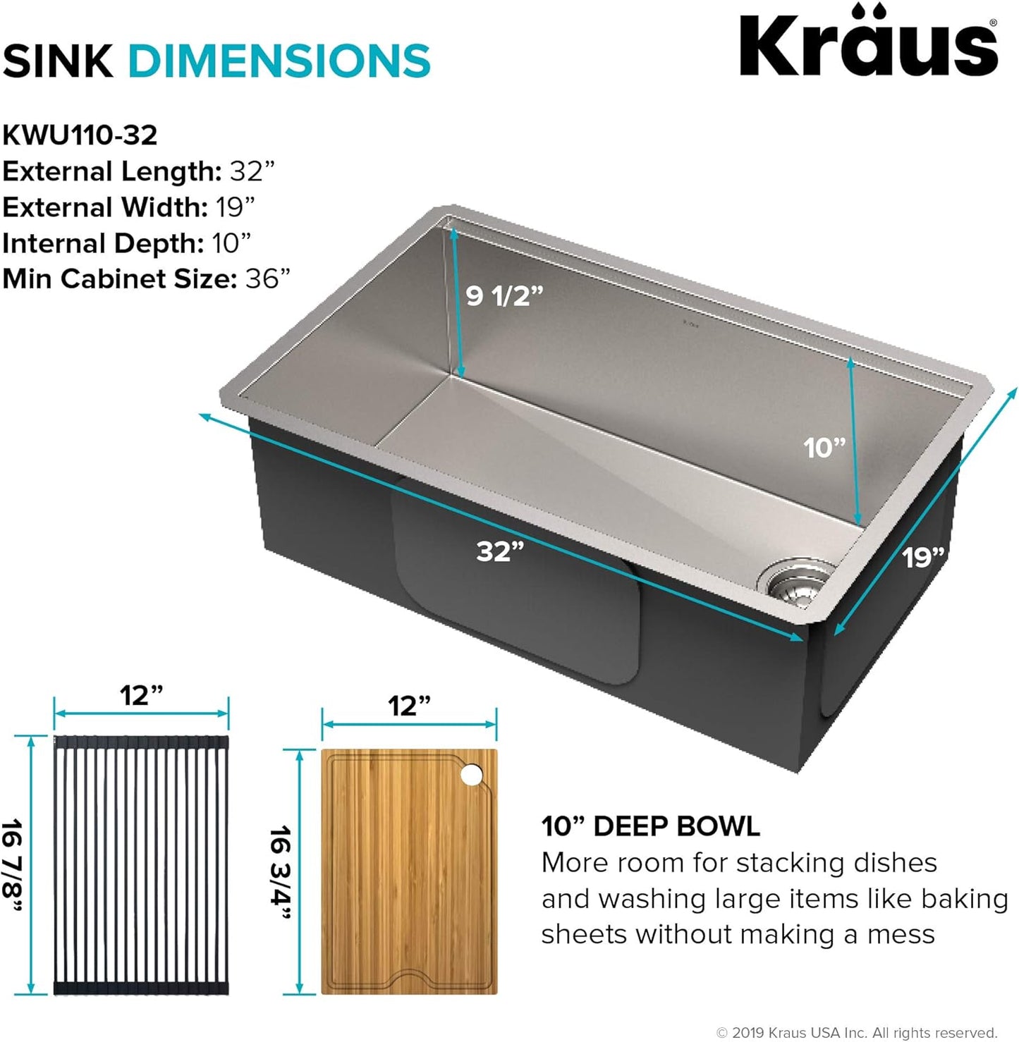 KRAUS Kore Workstation 32-inch Undermount 16 Gauge Stainless Kitchen Sink, Single Bowl Kitchen Sink with 3/4 HP Garbage Disposal, KWU110-32-100-75MB