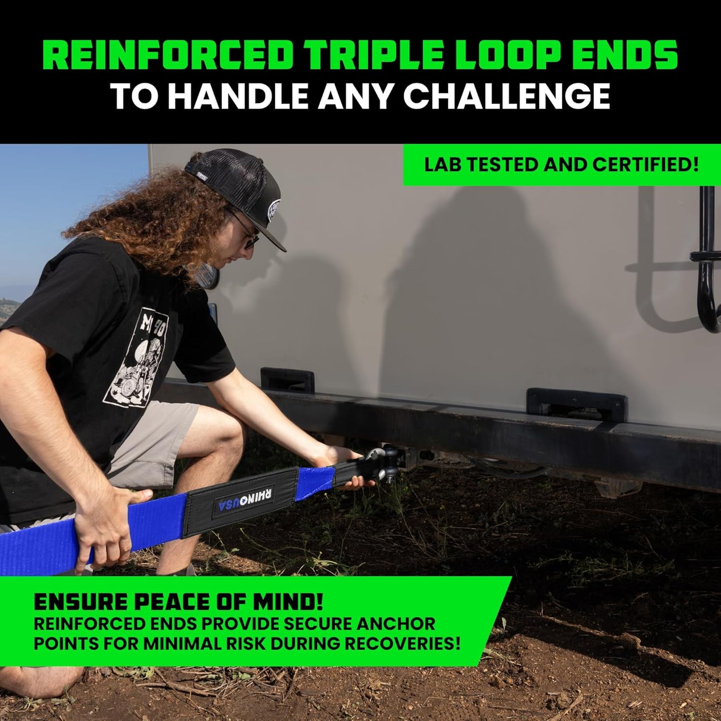 Rhino USA Recovery Tow Strap (4" x 30') - 40,320lb Break Strength - Emergency Recovery Strap Tow Rope for Diesel Trucks, Backhoe, Excavators & More - Heavy Duty Towing Strap for Offroad 4x4 Use (Blue)