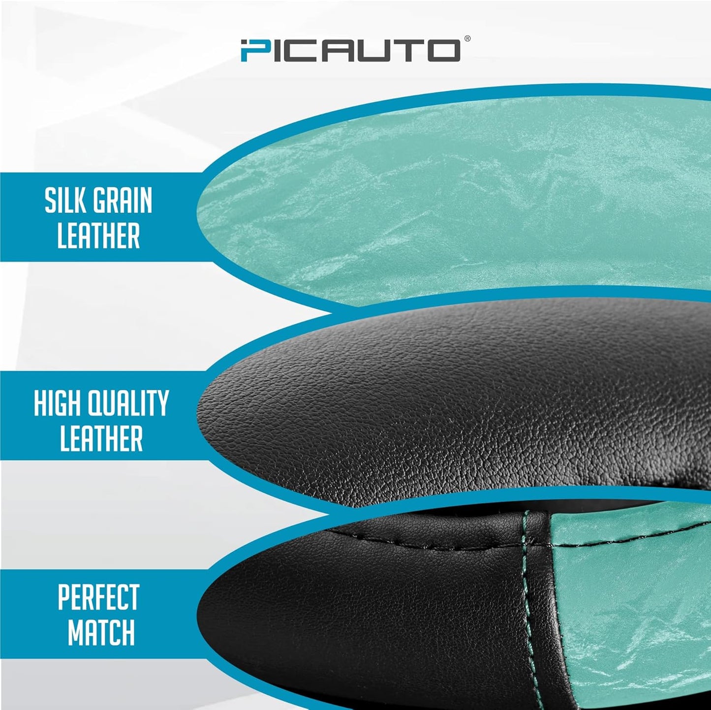 PIC AUTO Steering Wheel Cover, Silk Grain Leather Car Steering Wheel Protector, Comfortable Grip, Universal 14.5-15.5 Inch Anti-Slip Steering Wheels Accessories for Men & Women (Mint)