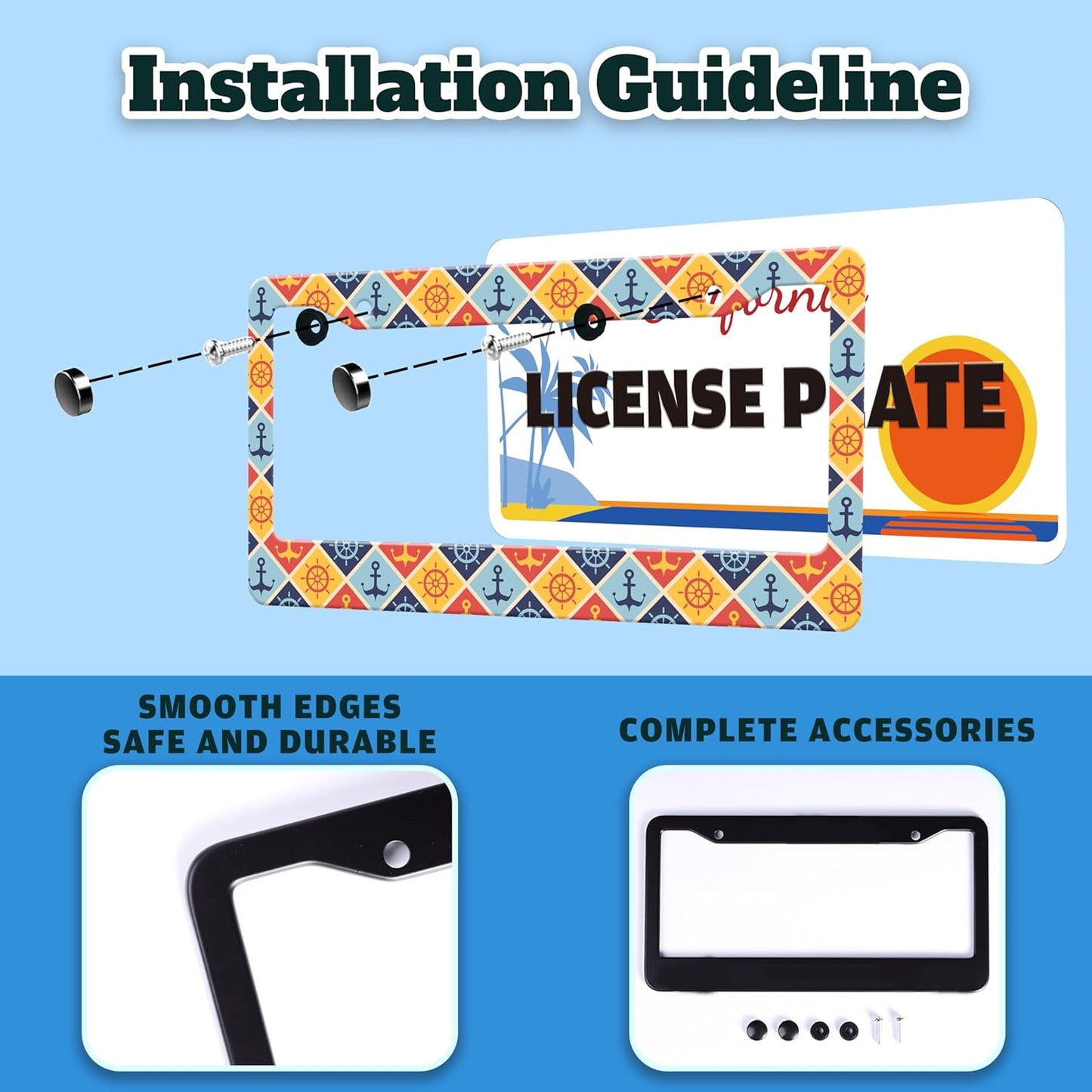 Anchor Rudder License Plate Frame Nautical Stainless Steel License Plate Holder for Front or Rear Car Tags Funny for Car Decoration Accessories with Screws 6.3 X 12.2 in for Women Men