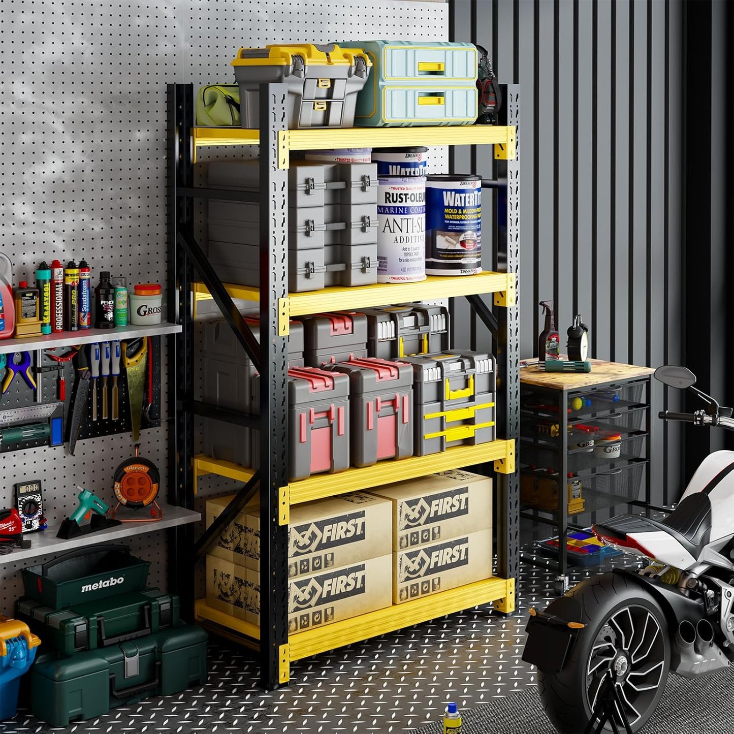 3000LBS Heavy Duty Storage Shelves,63''H Metal Garage Shelving, 4-Tier Adjustable Garage Organization Shelving Units, Industrial Shelving for Warehouse,Workshop- Black & Yellow