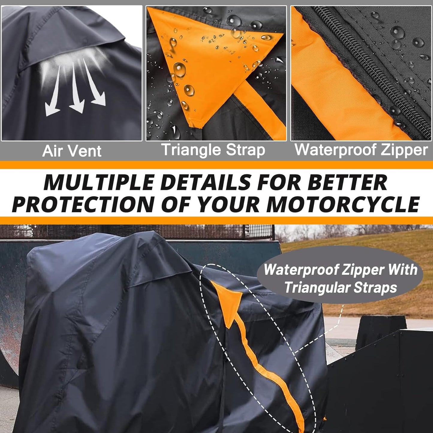 Motorcycle Cover,Waterproof Zipper Outdoor Cover for All Seasons Windproof, High Heat Resistance Dustproof and Rainproof Snowproof(Orange Zipper XXL Fits Up to 108 inch)