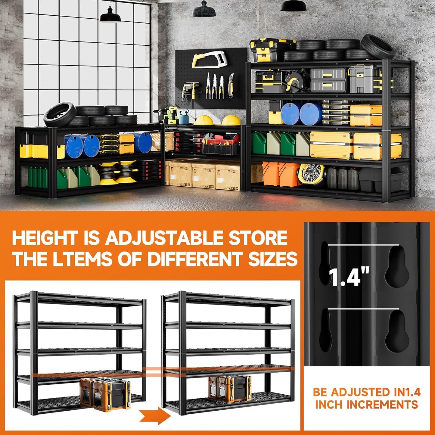 5-Tier 60" W x 20" D x 72" H Garage Shelving 30000LBS Heavy Duty Adjustable Storage Shelves Basement Industrial Shelving Units(Black)