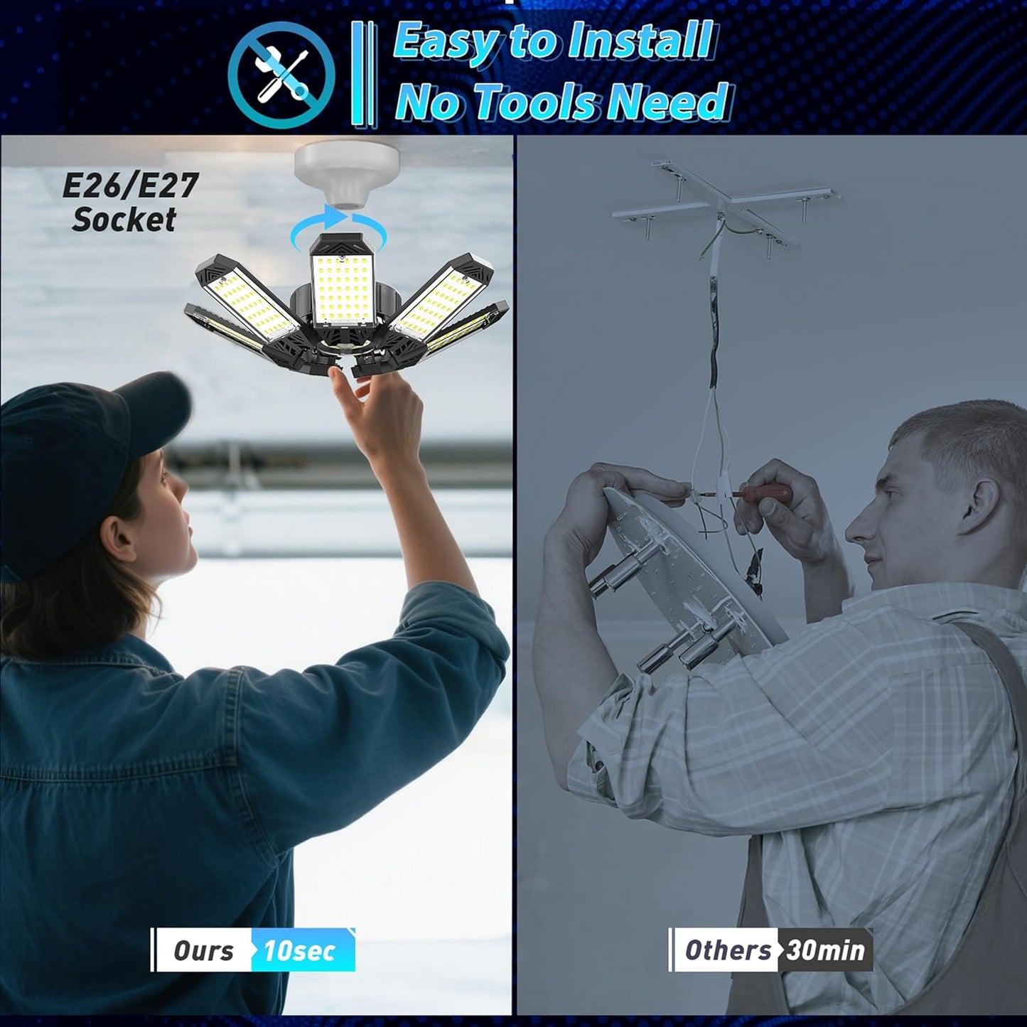 ISKYDRAW Garage Lights 6 Pack, 260W 26000LM Bright LED Garage Light with 8+1 Foldable Panels, Ceiling Basement Lights Screw in E26 E27 Socket Shop Bay Lighting for Workshop, Barn, Warehouse