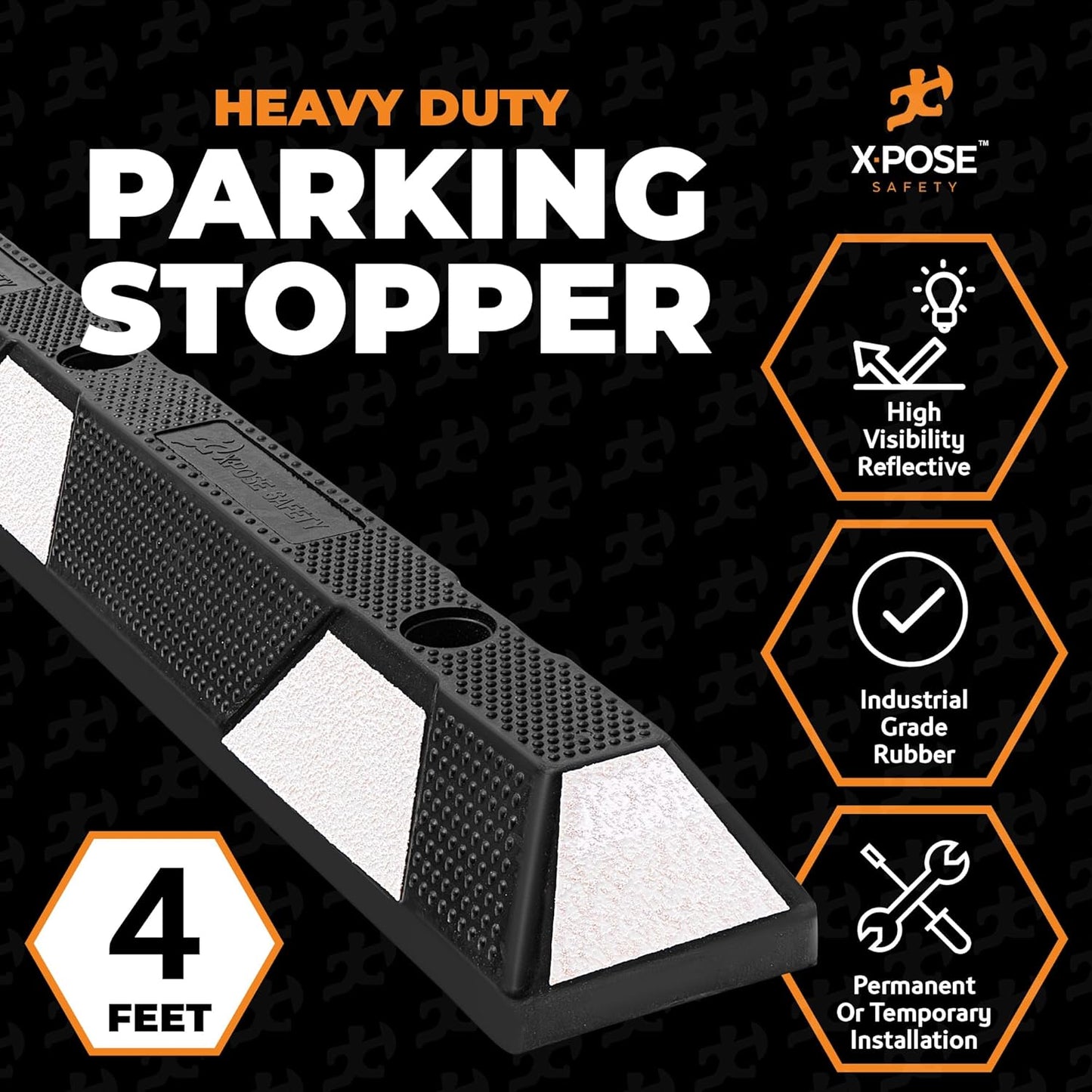 Xpose Safety 48" Heavy Duty Rubber Parking Stopper – 6 Pack Wheel Blocks for Garage, Driveway, or Ramp – Car Bumper Stop with White Reflective Strips – Removable Floor Mount